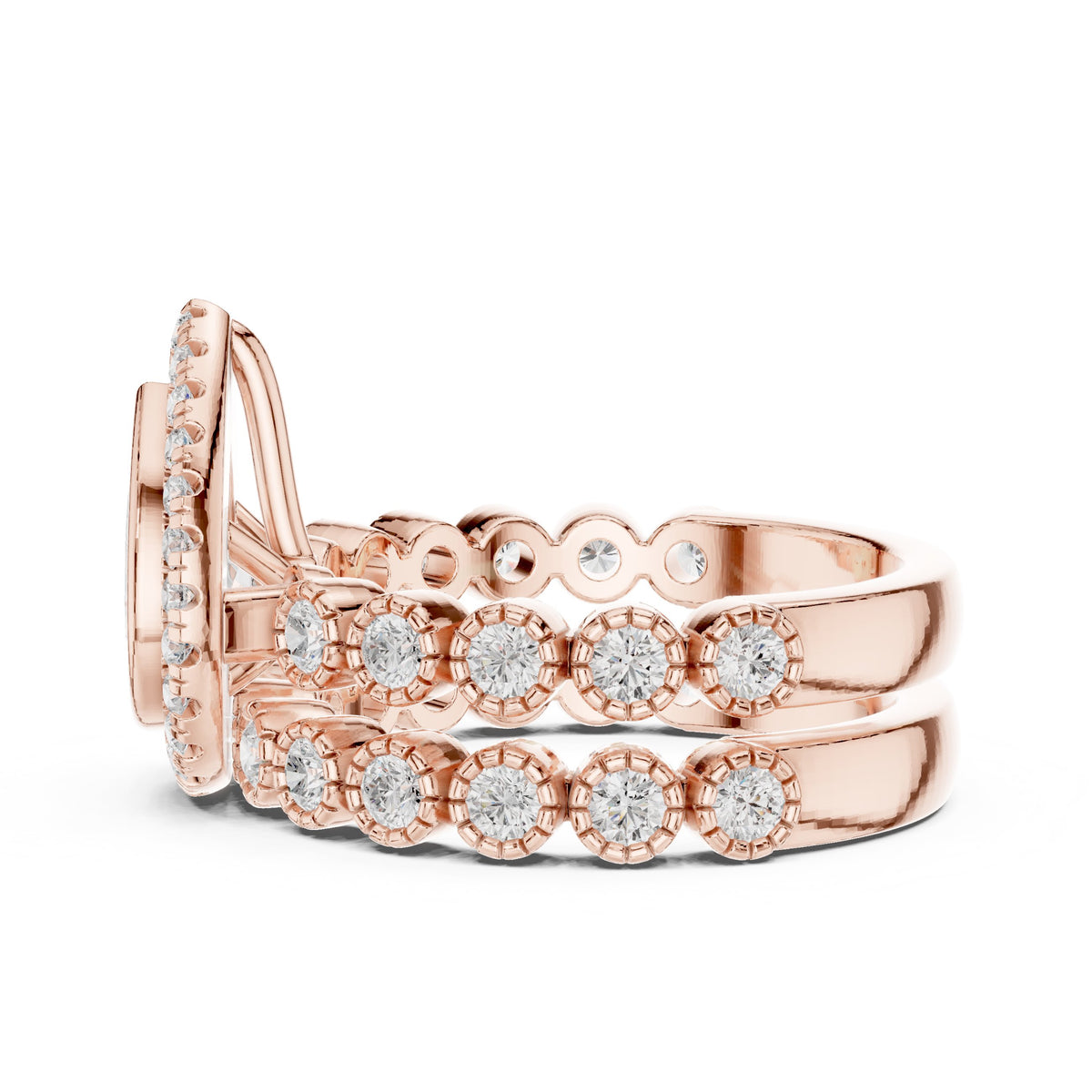 Pear Diamond Halo Engagement Ring with Wide Multi-Row Pavé Band