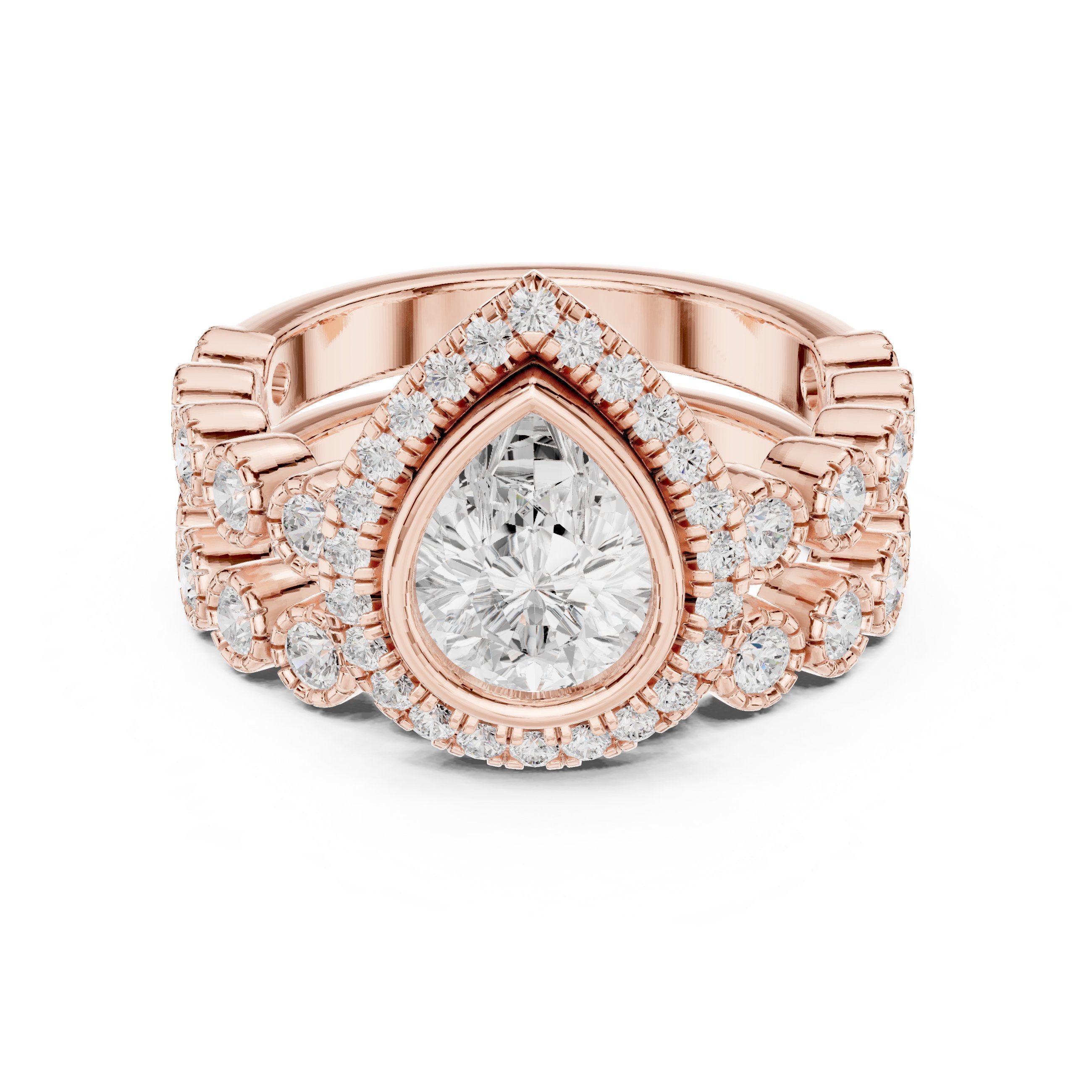 Pear Diamond Halo Engagement Ring with Wide Multi-Row Pavé Band in Rose Gold - VYKA Diamonds