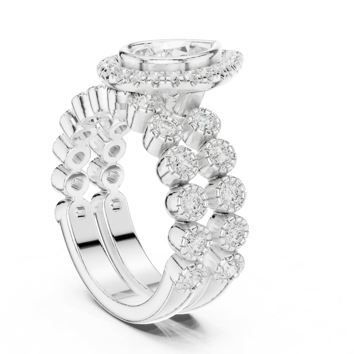 Pear Diamond Halo Engagement Ring with Wide Multi-Row Pavé Band