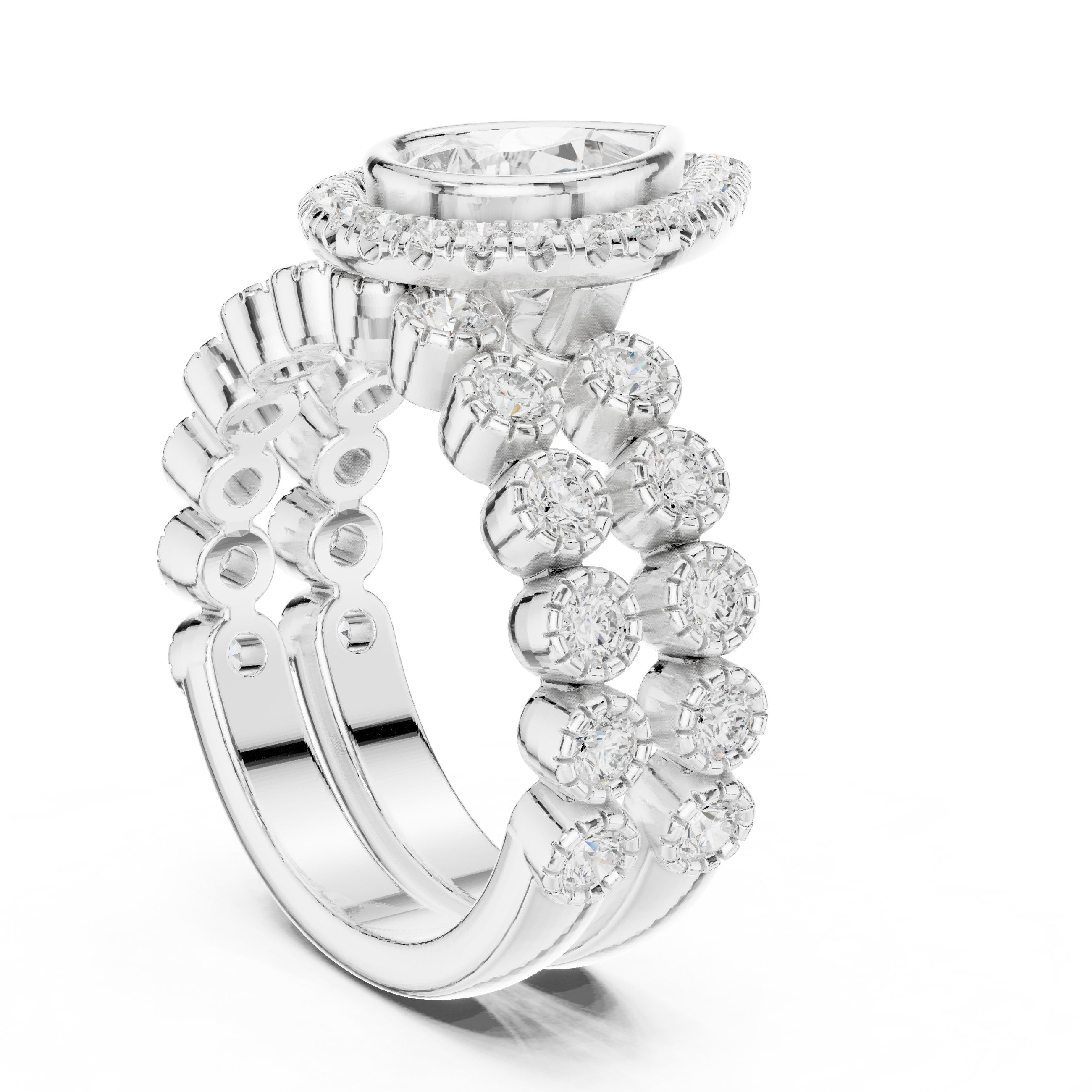 Pear Diamond Halo Engagement Ring with Wide Multi-Row Pavé Band in White Gold - VYKA Diamonds