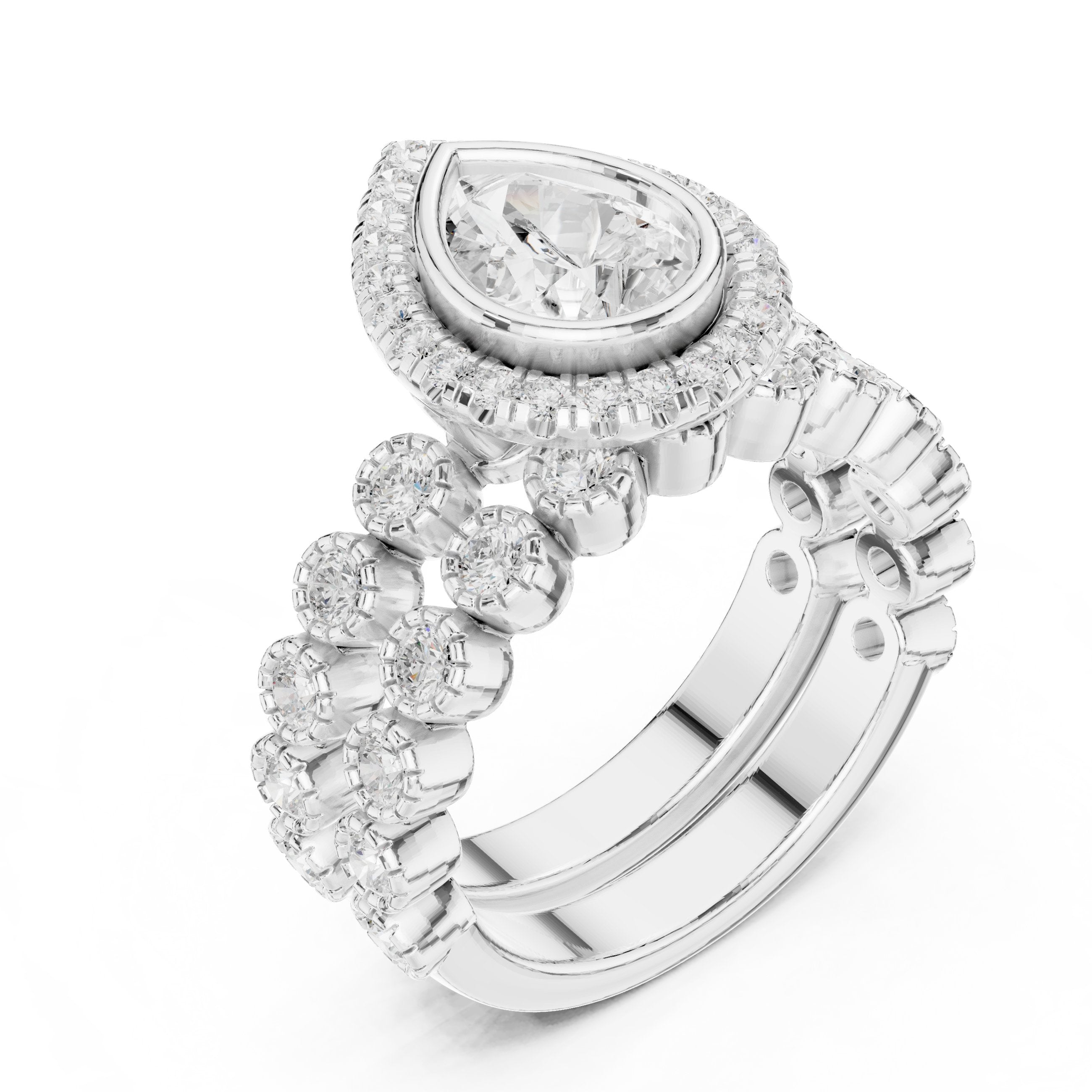 Pear Diamond Halo Engagement Ring with Wide Multi-Row Pavé Band in White Gold - VYKA Diamonds