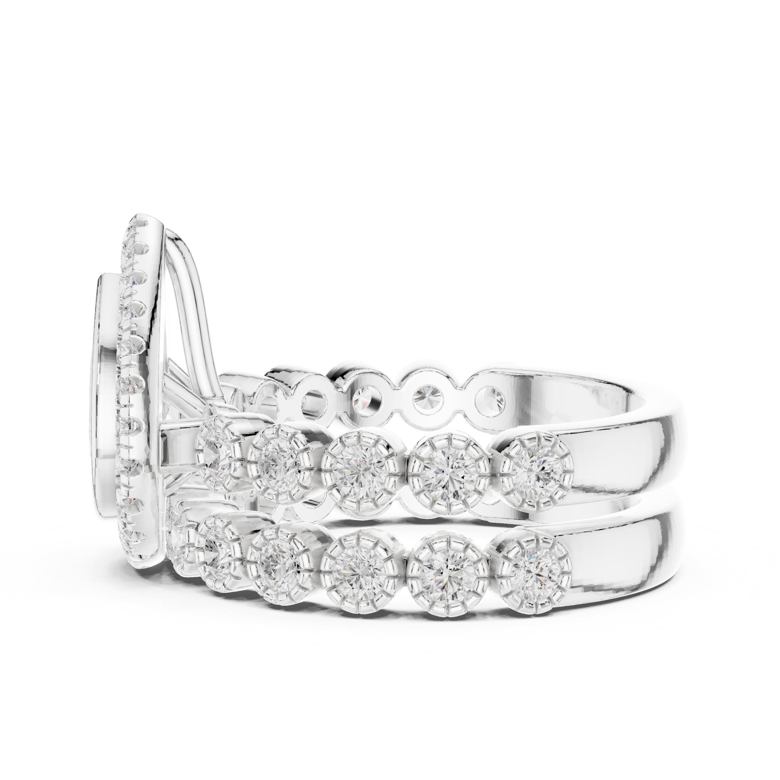 Pear Diamond Halo Engagement Ring with Wide Multi-Row Pavé Band in White Gold - VYKA Diamonds