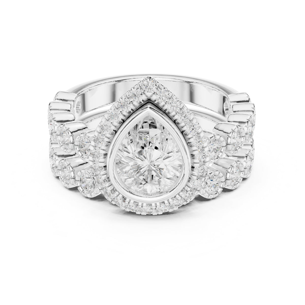 Pear Diamond Halo Engagement Ring with Wide Multi-Row Pavé Band