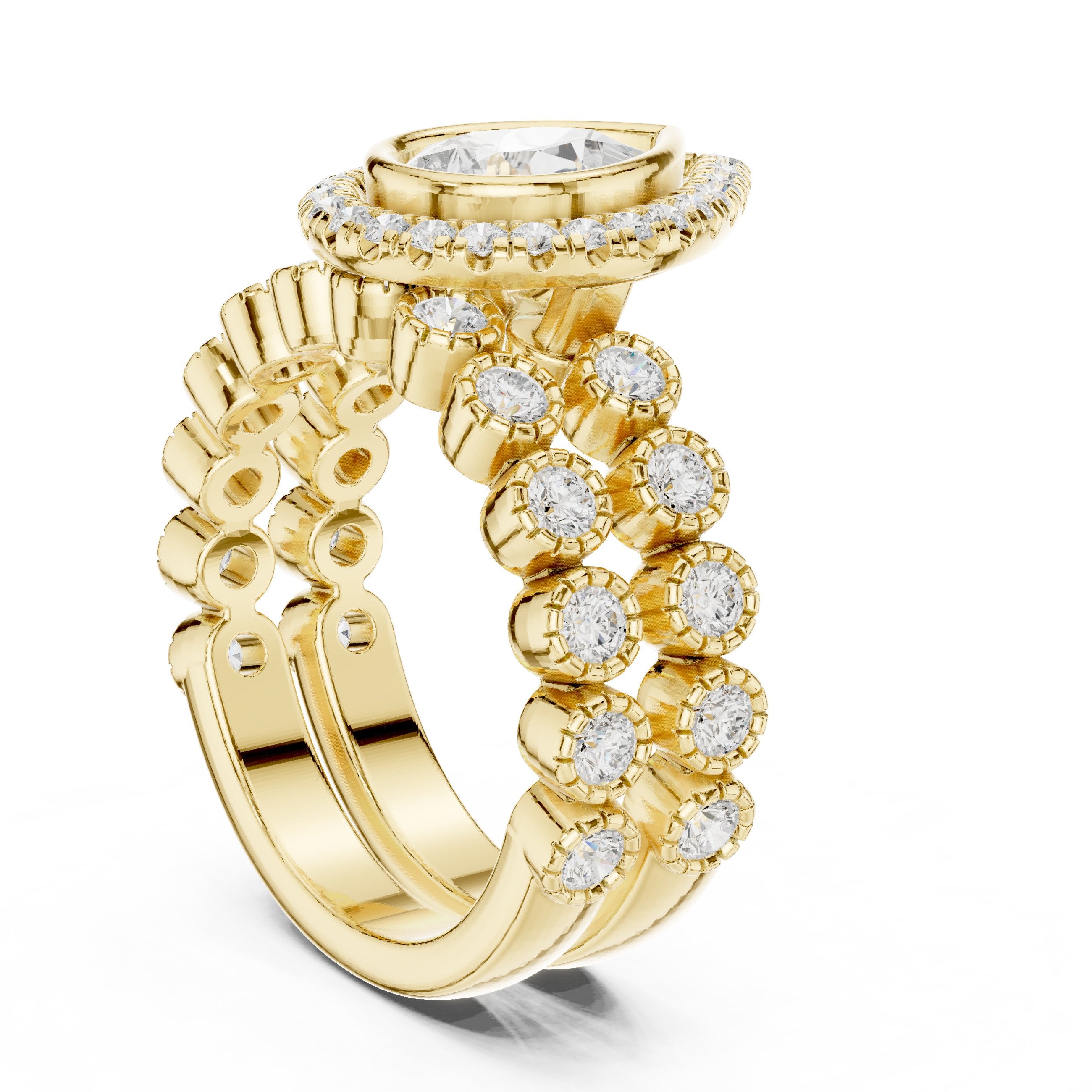 Pear Diamond Halo Engagement Ring with Wide Multi-Row Pavé Band in Yellow Gold - VYKA Diamonds