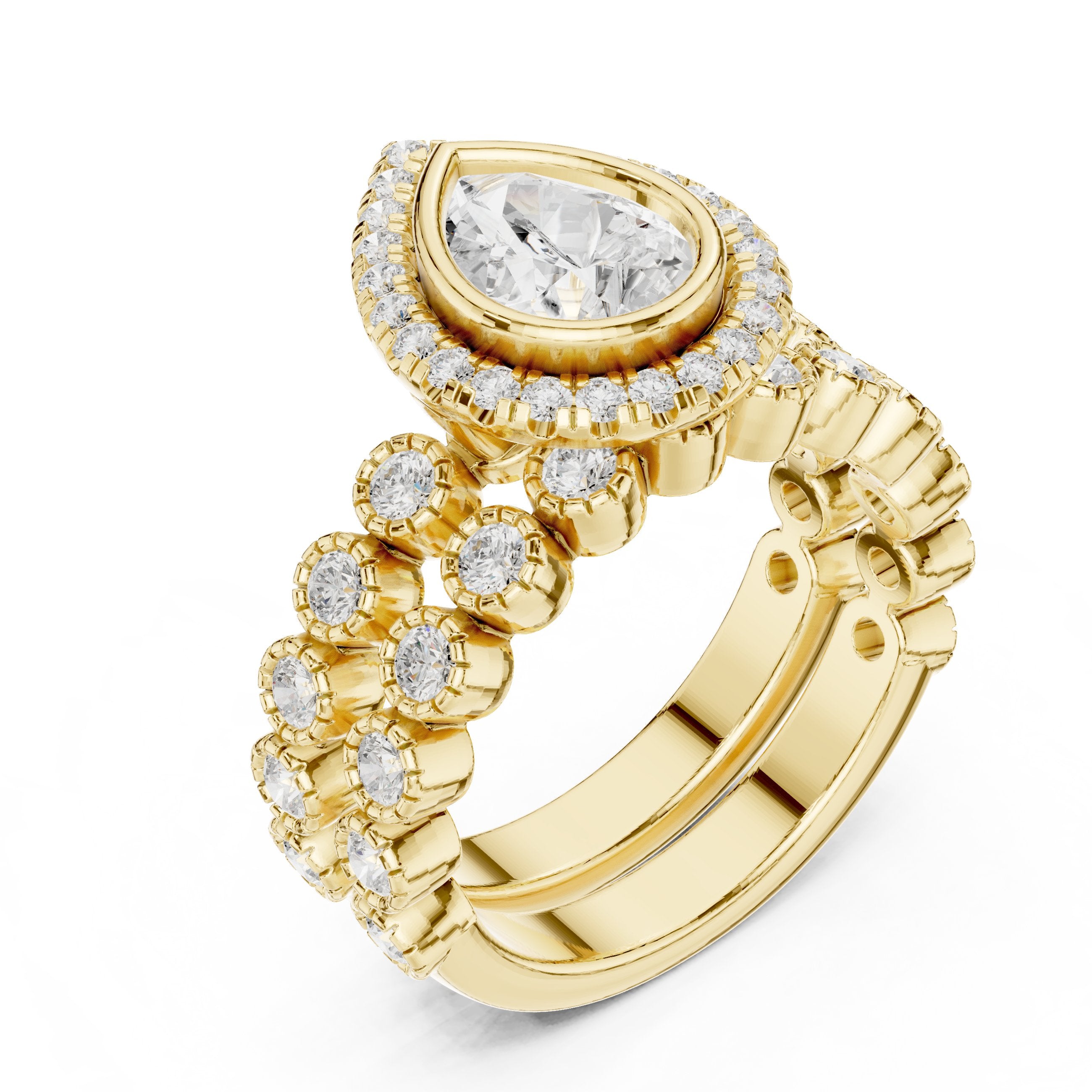 Pear Diamond Halo Engagement Ring with Wide Multi-Row Pavé Band in Yellow Gold - VYKA Diamonds