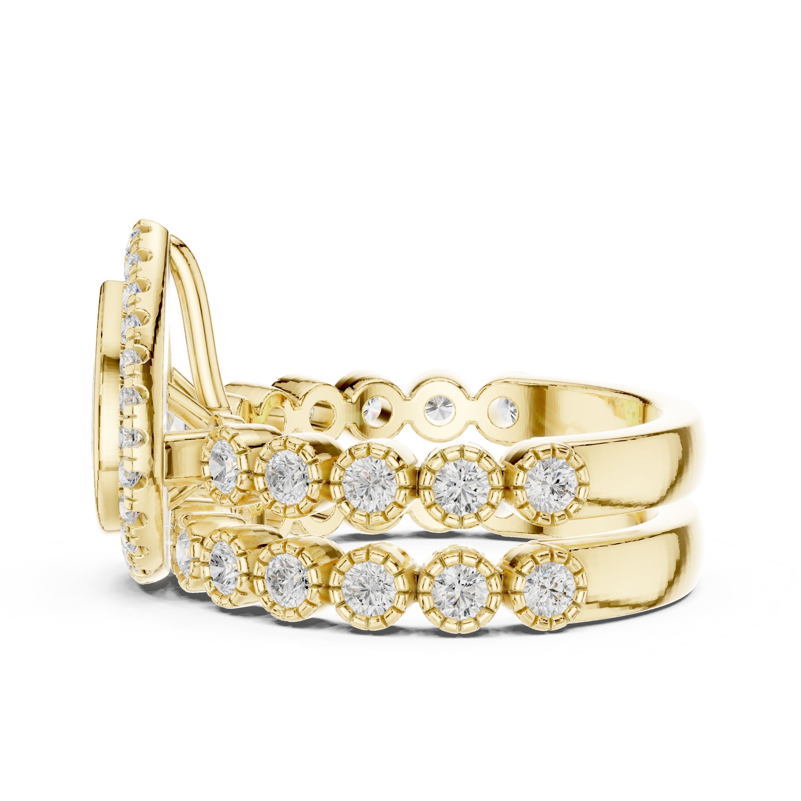 Pear Diamond Halo Engagement Ring with Wide Multi-Row Pavé Band in Yellow Gold - VYKA Diamonds