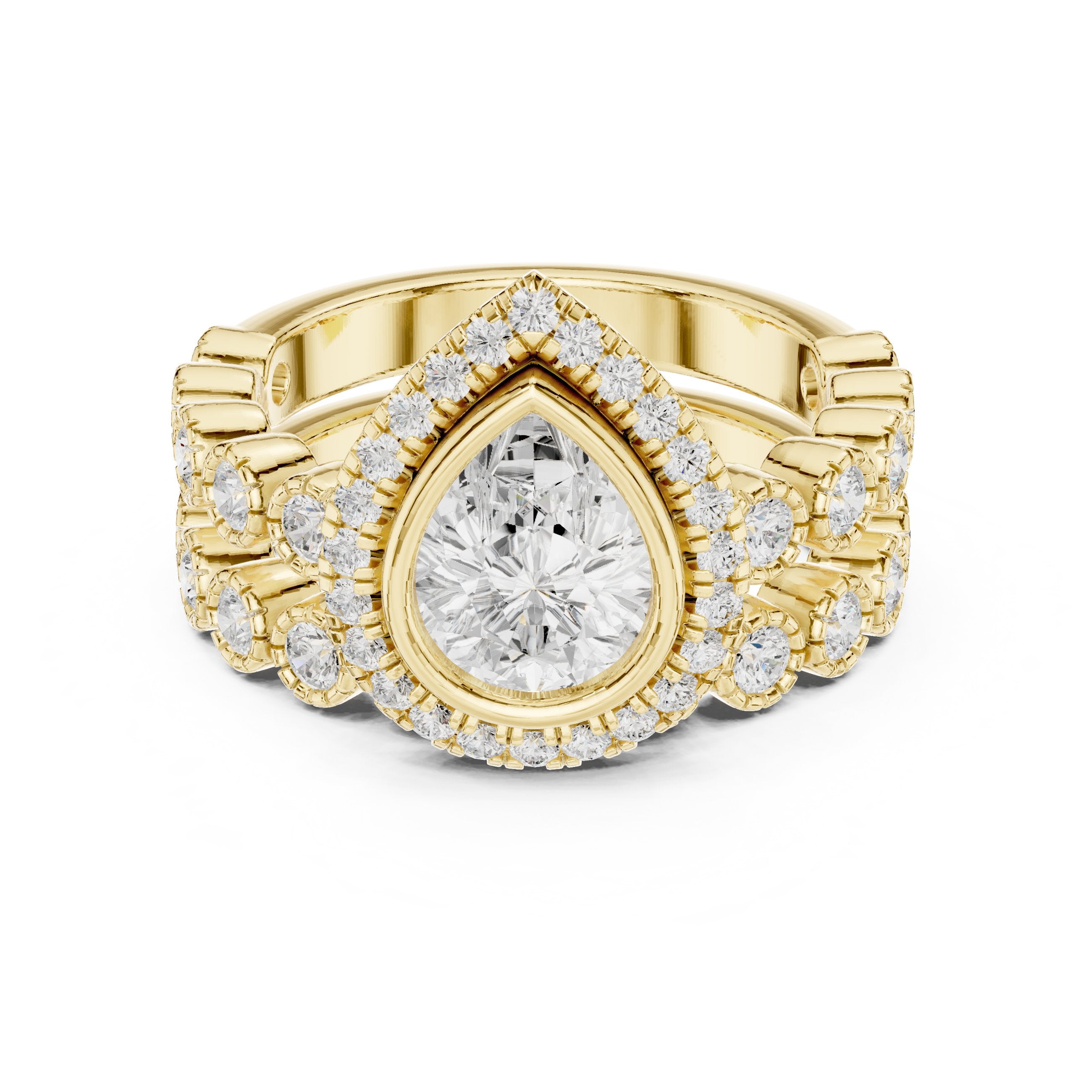 Pear Diamond Halo Engagement Ring with Wide Multi-Row Pavé Band in Yellow Gold - VYKA Diamonds