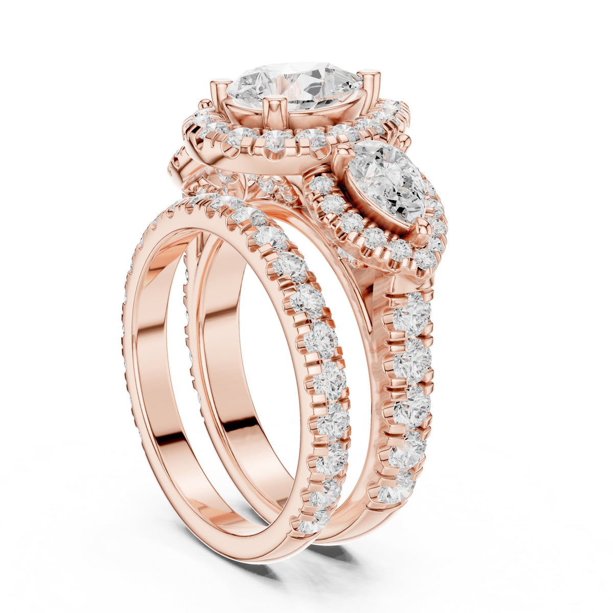 Pear Diamond Three Stone Halo Engagement Ring with Pear Halo Sides and Pavé Band