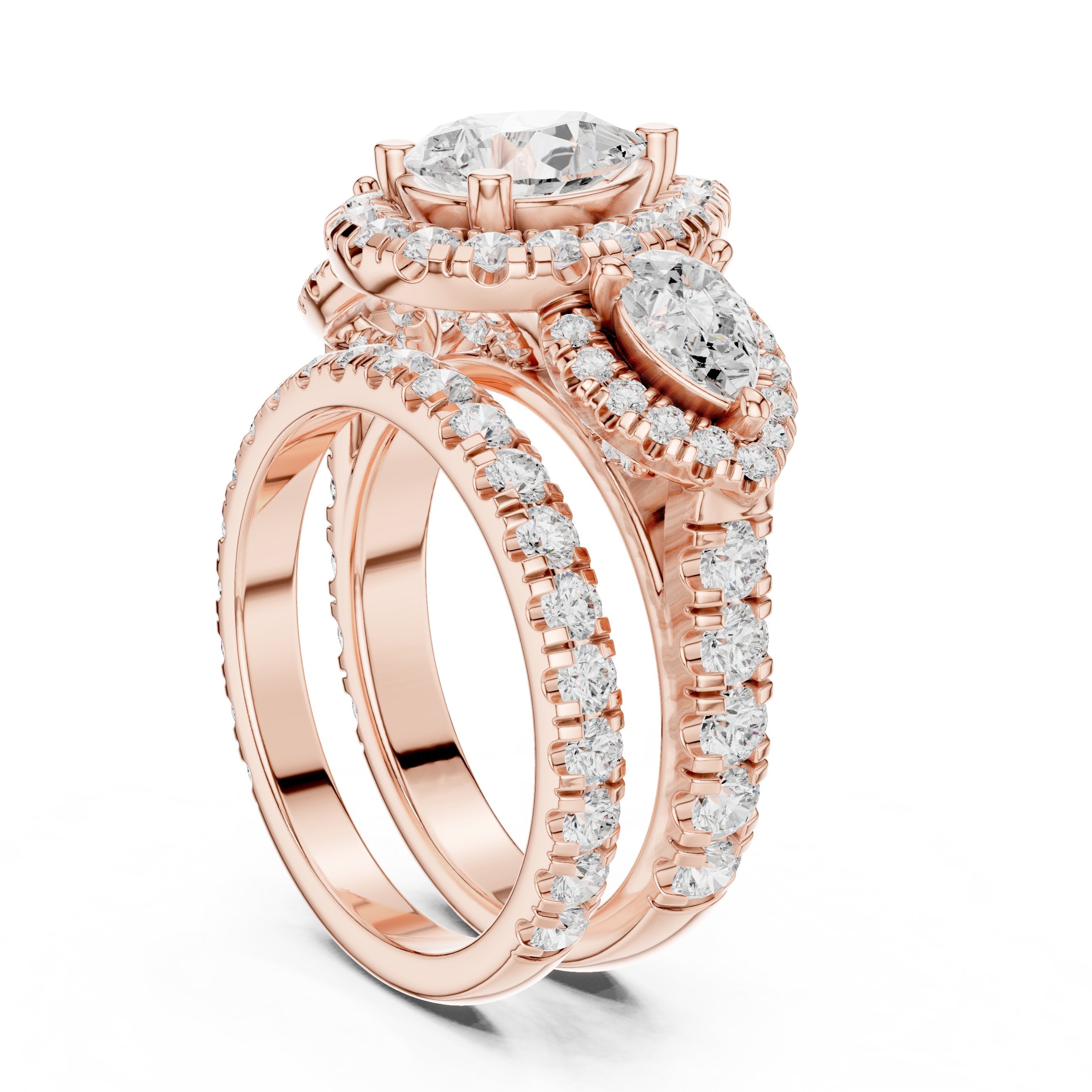 Pear Diamond Three Stone Halo Engagement Ring with Pear Halo Sides and Pavé Band in Rose Gold - VYKA Diamonds