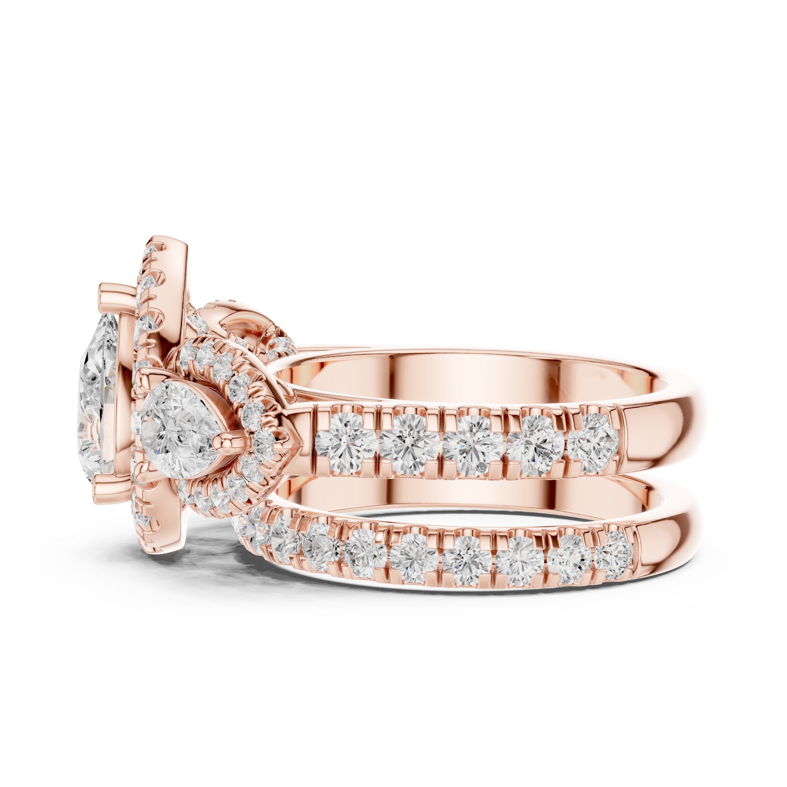 Pear Diamond Three Stone Halo Engagement Ring with Pear Halo Sides and Pavé Band in Rose Gold - VYKA Diamonds