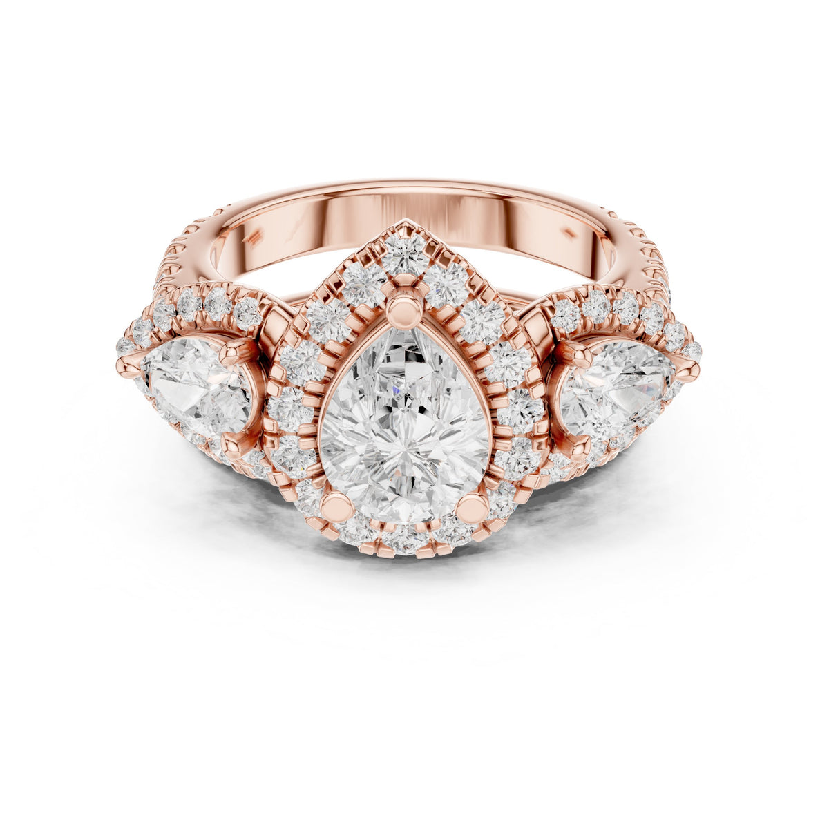 Pear Diamond Three Stone Halo Engagement Ring with Pear Halo Sides and Pavé Band