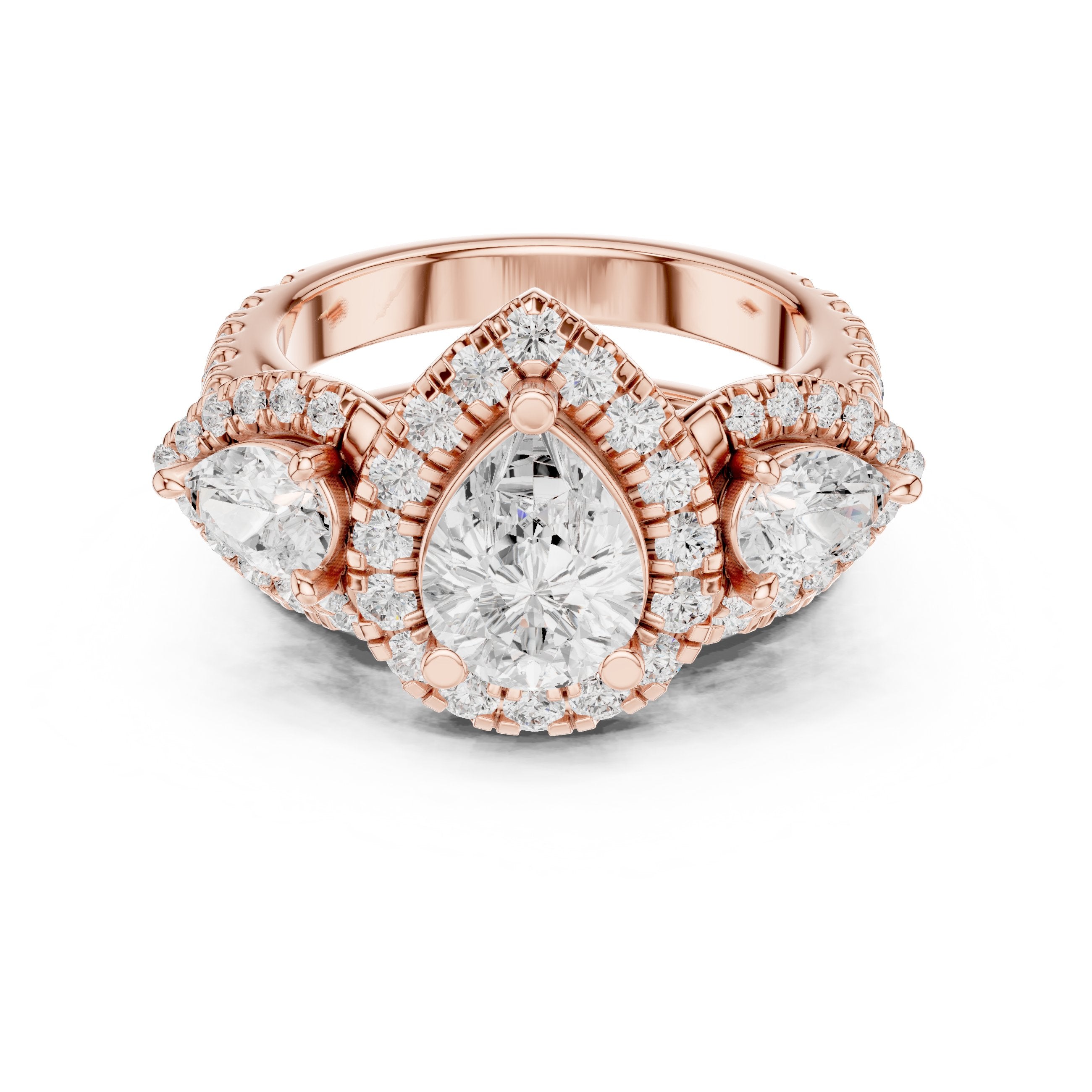 Pear Diamond Three Stone Halo Engagement Ring with Pear Halo Sides and Pavé Band in Rose Gold - VYKA Diamonds