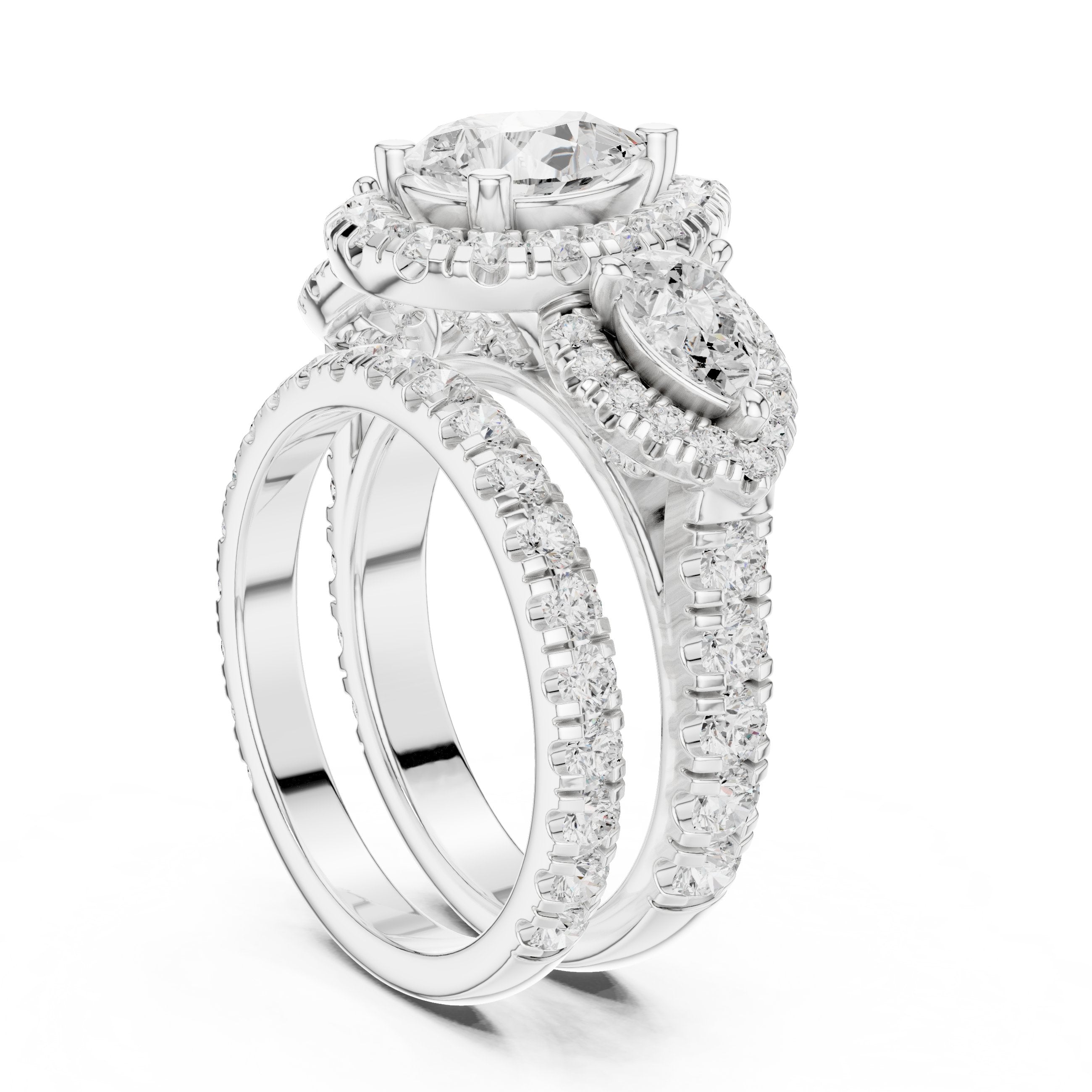 Pear Diamond Three Stone Halo Engagement Ring with Pear Halo Sides and Pavé Band in White Gold - VYKA Diamonds