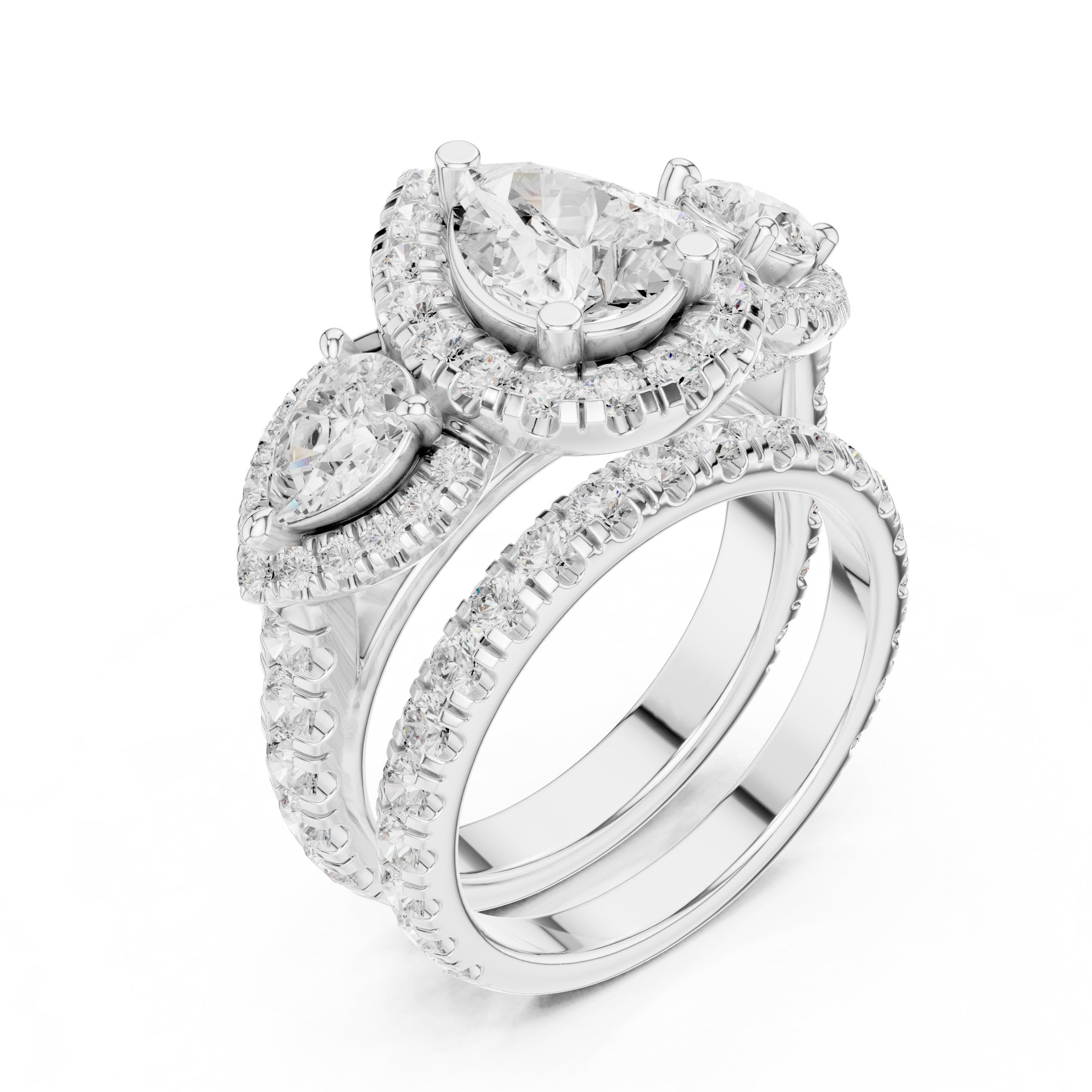 Pear Diamond Three Stone Halo Engagement Ring with Pear Halo Sides and Pavé Band in White Gold - VYKA Diamonds