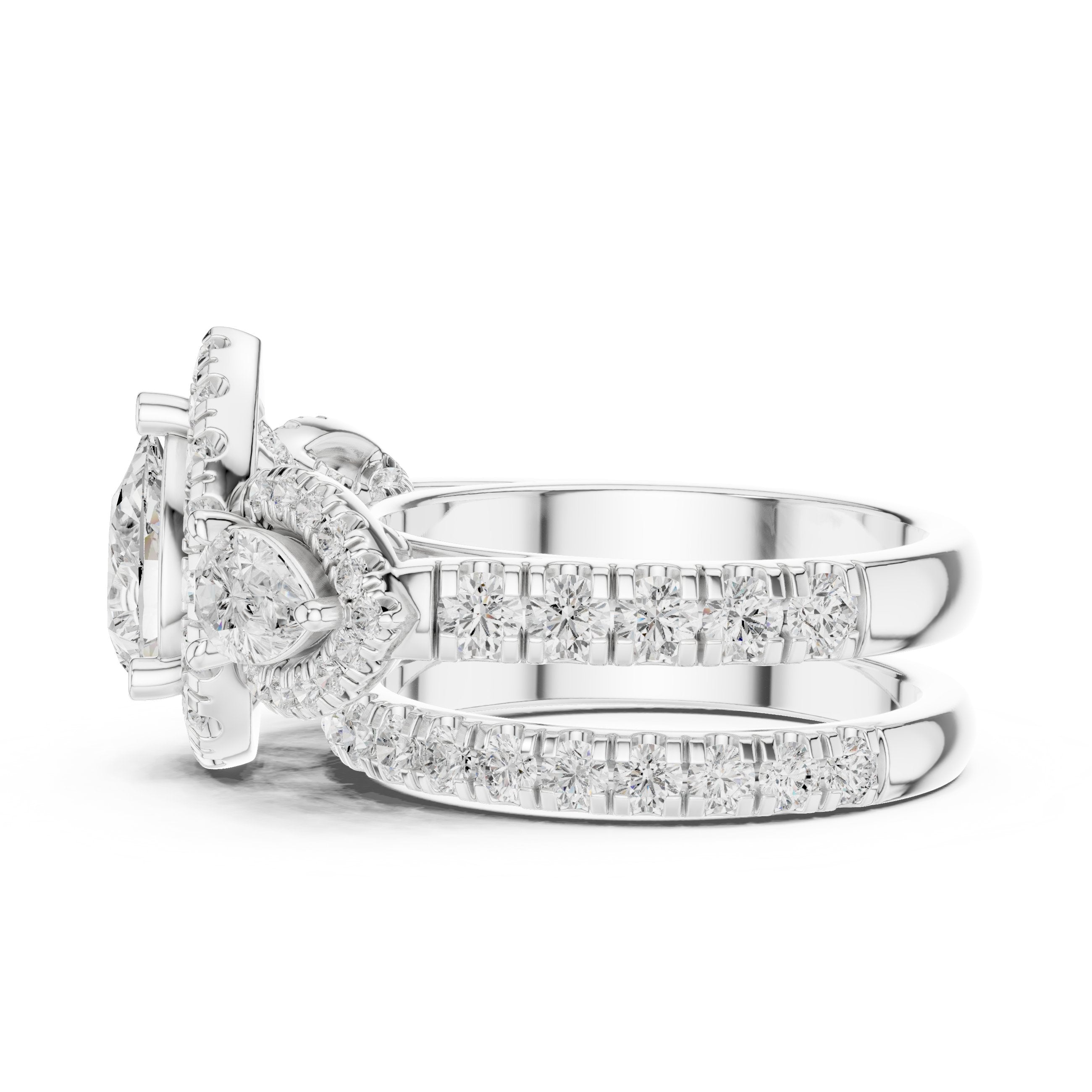 Pear Diamond Three Stone Halo Engagement Ring with Pear Halo Sides and Pavé Band in White Gold - VYKA Diamonds