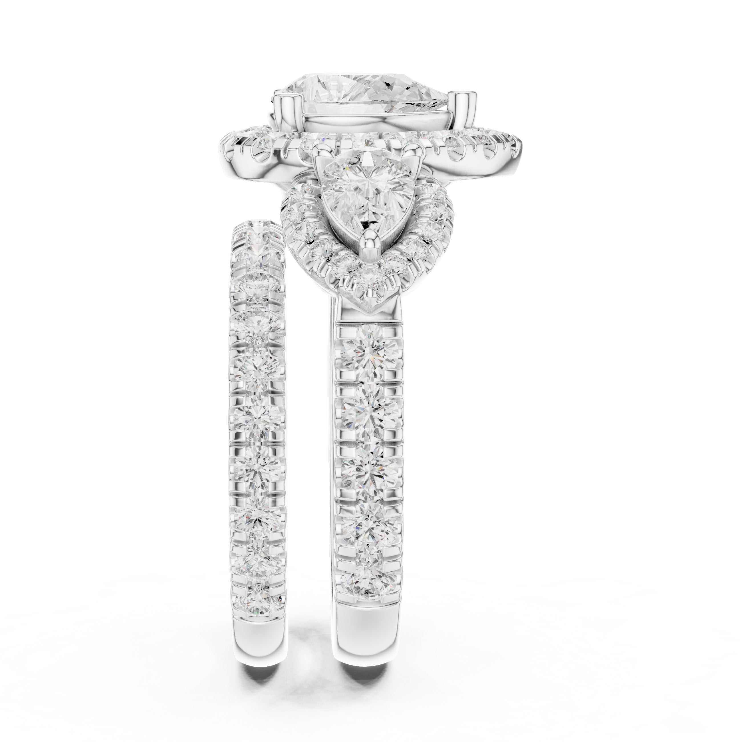 Pear Diamond Three Stone Halo Engagement Ring with Pear Halo Sides and Pavé Band
