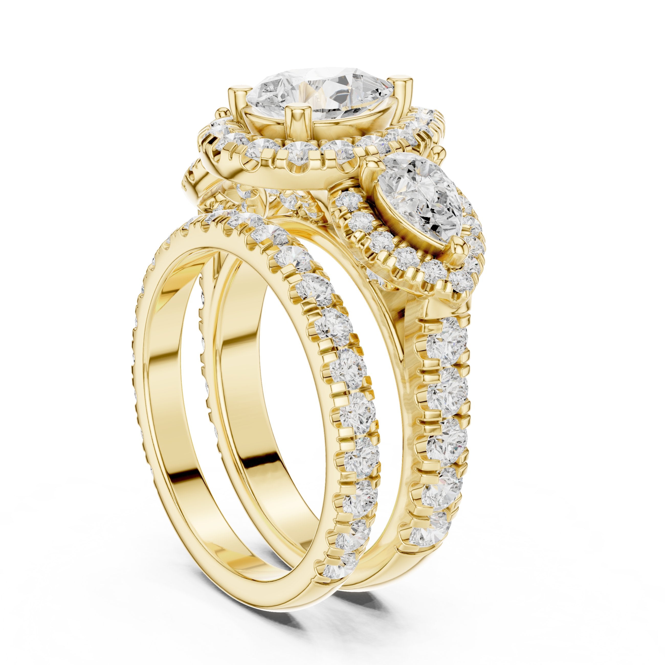Pear Diamond Three Stone Halo Engagement Ring with Pear Halo Sides and Pavé Band in Yellow Gold - VYKA Diamonds