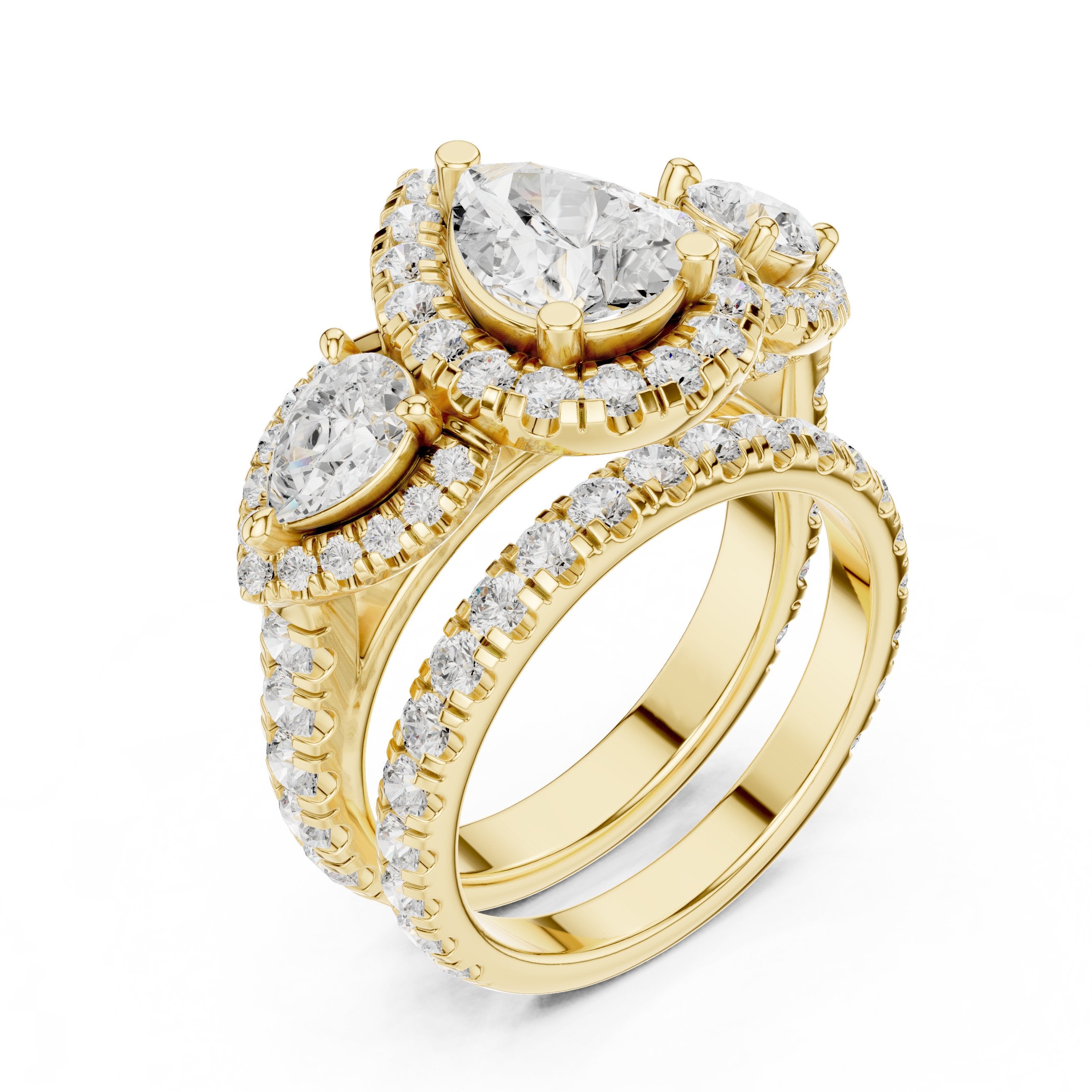 Pear Diamond Three Stone Halo Engagement Ring with Pear Halo Sides and Pavé Band in Yellow Gold - VYKA Diamonds