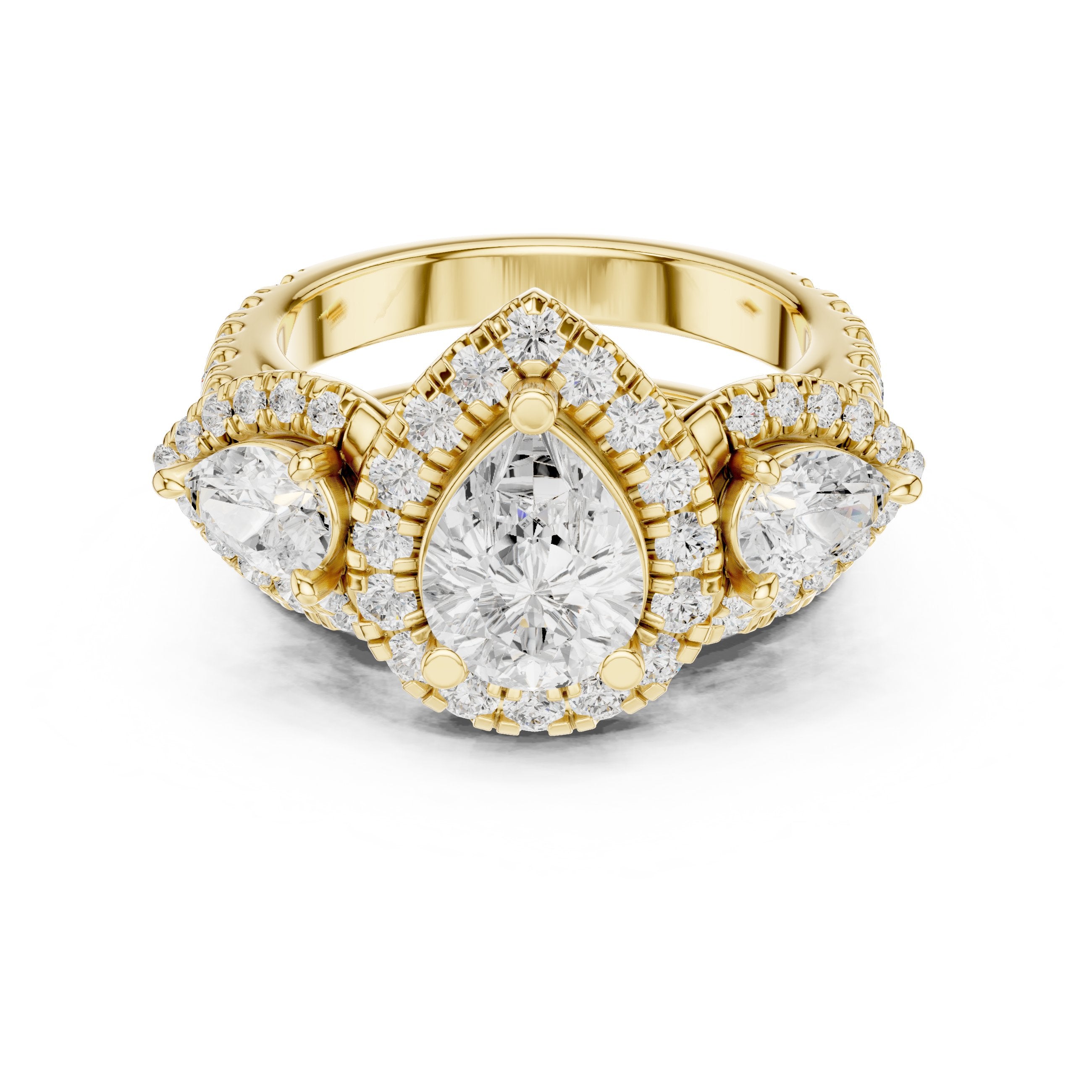 Pear Diamond Three Stone Halo Engagement Ring with Pear Halo Sides and Pavé Band in Yellow Gold - VYKA Diamonds