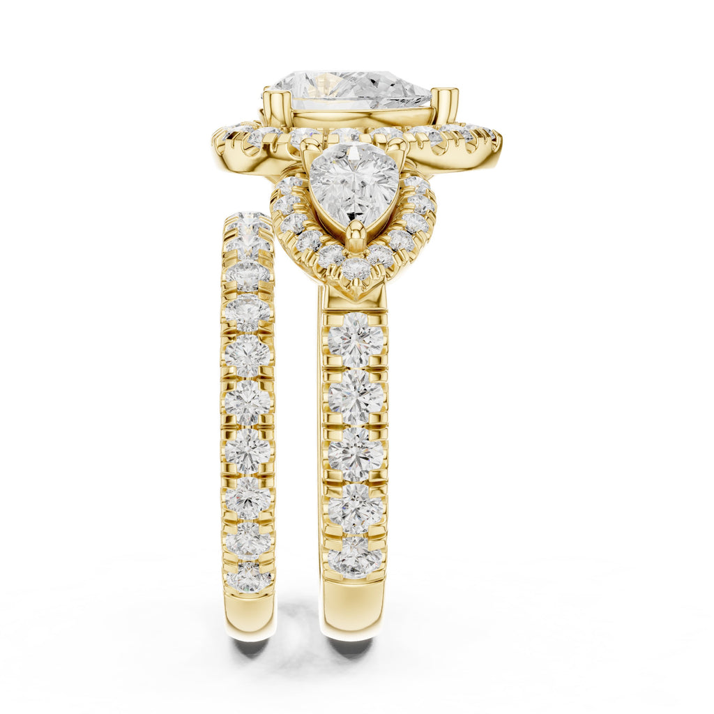 Pear Diamond Three Stone Halo Engagement Ring with Pear Halo Sides and Pavé Band