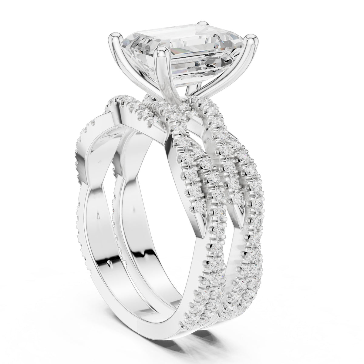 Emerald Cut Engagement Ring with Triple Row Pavé Band