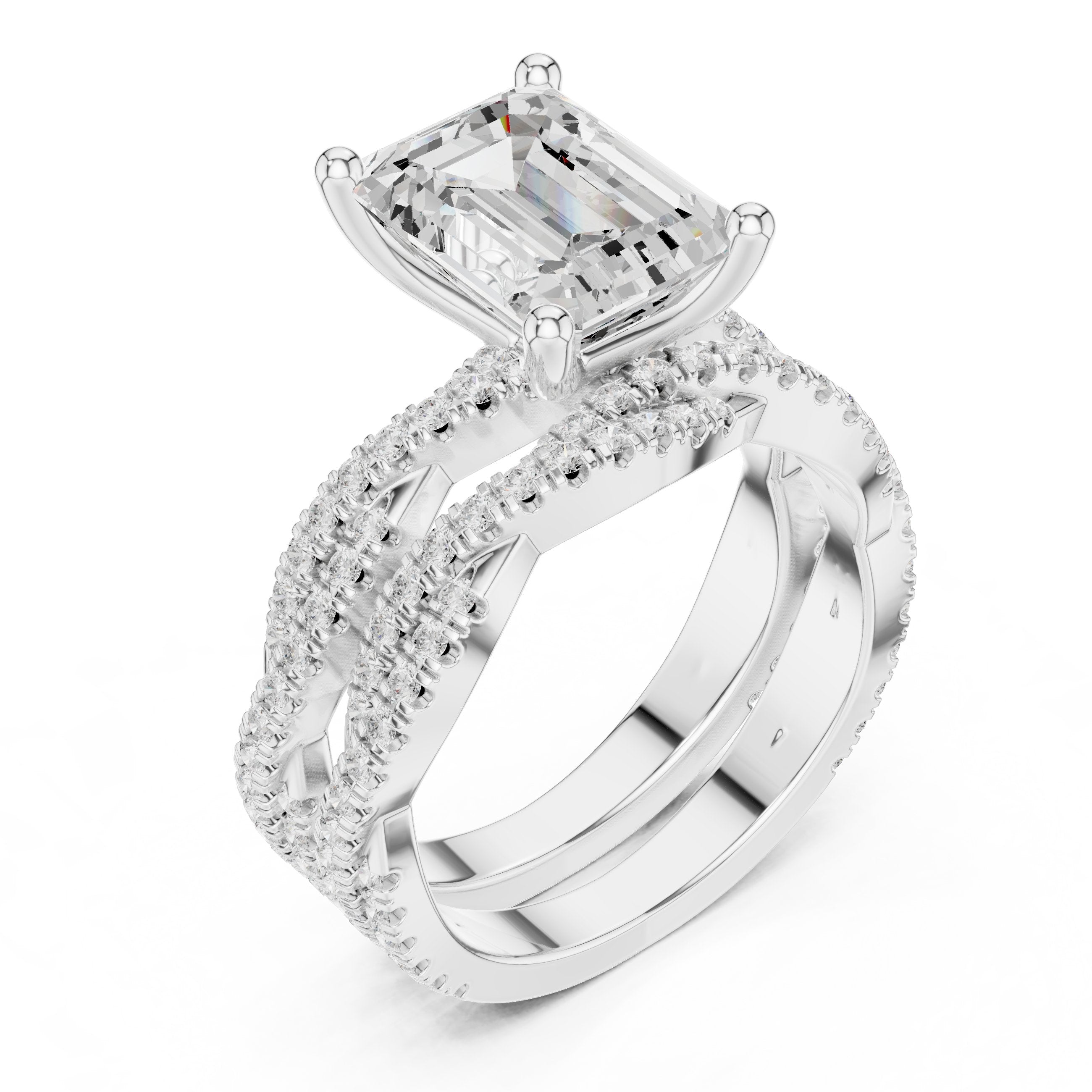 Emerald Cut Engagement Ring with Triple Row Pavé Band in White Gold - VYKA Diamonds