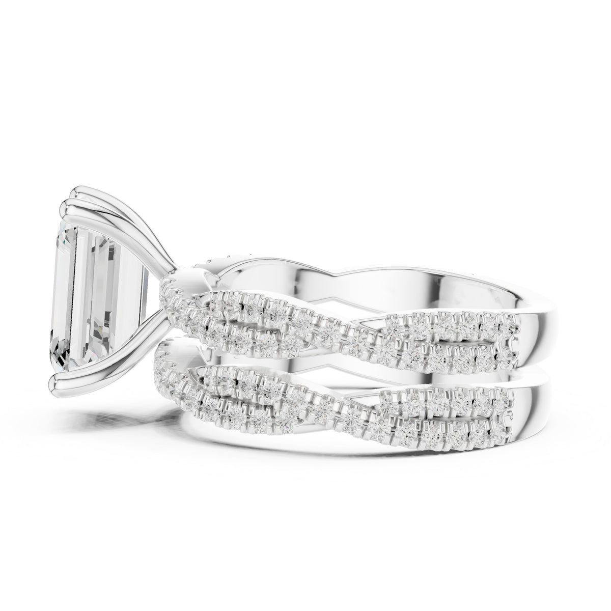 Emerald Cut Engagement Ring with Triple Row Pavé Band