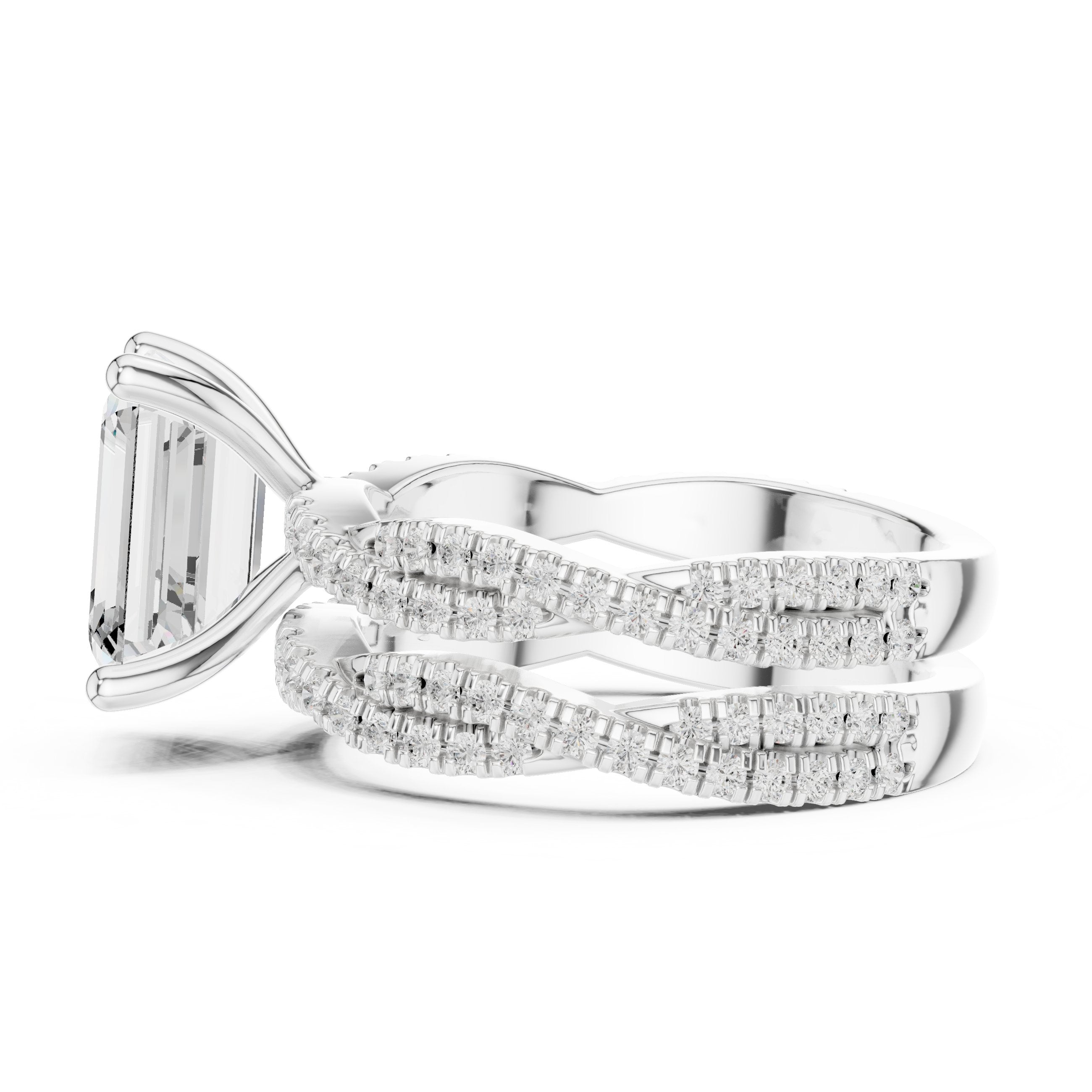 Emerald Cut Engagement Ring with Triple Row Pavé Band in White Gold - VYKA Diamonds