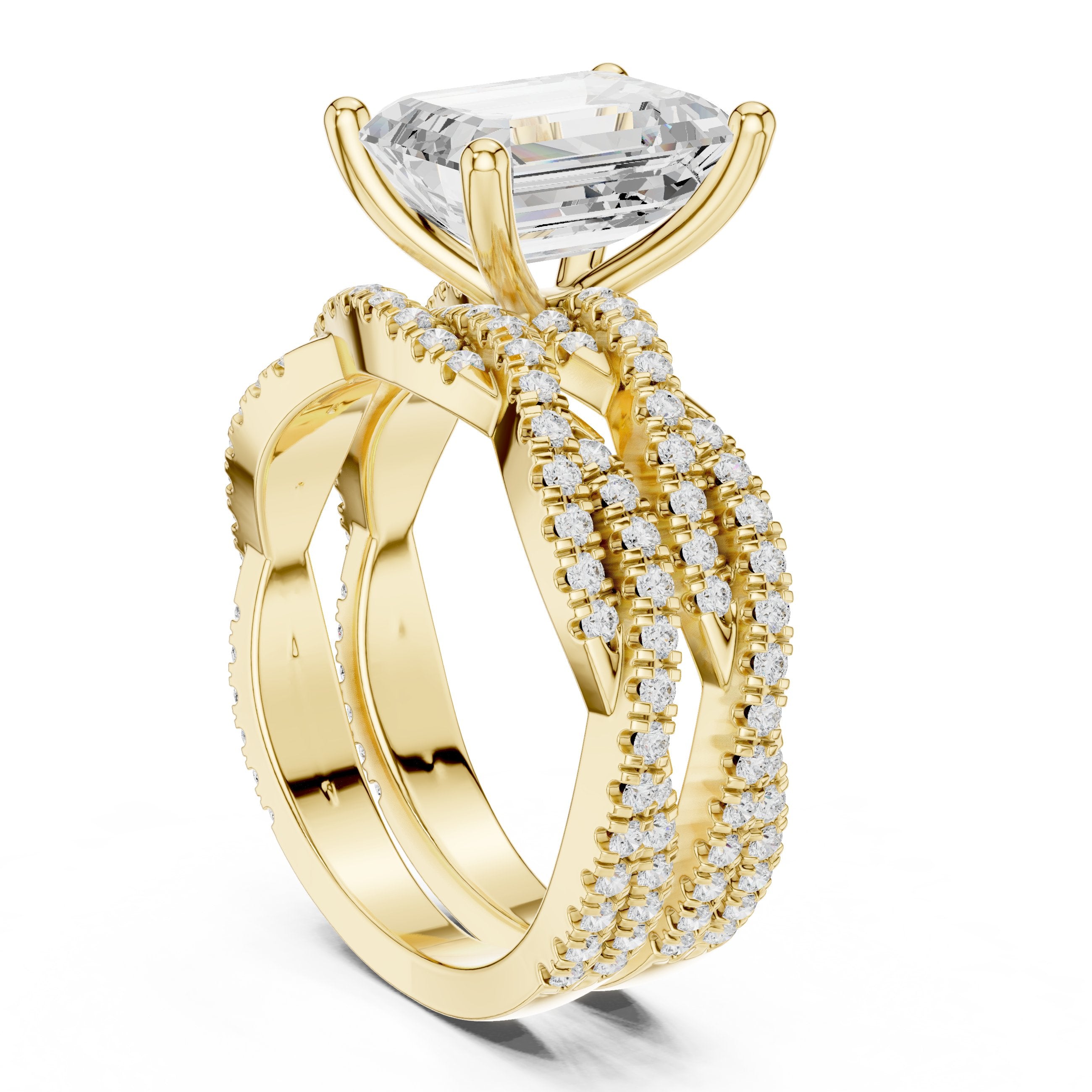 Emerald Cut Engagement Ring with Triple Row Pavé Band in Yellow Gold - VYKA Diamonds