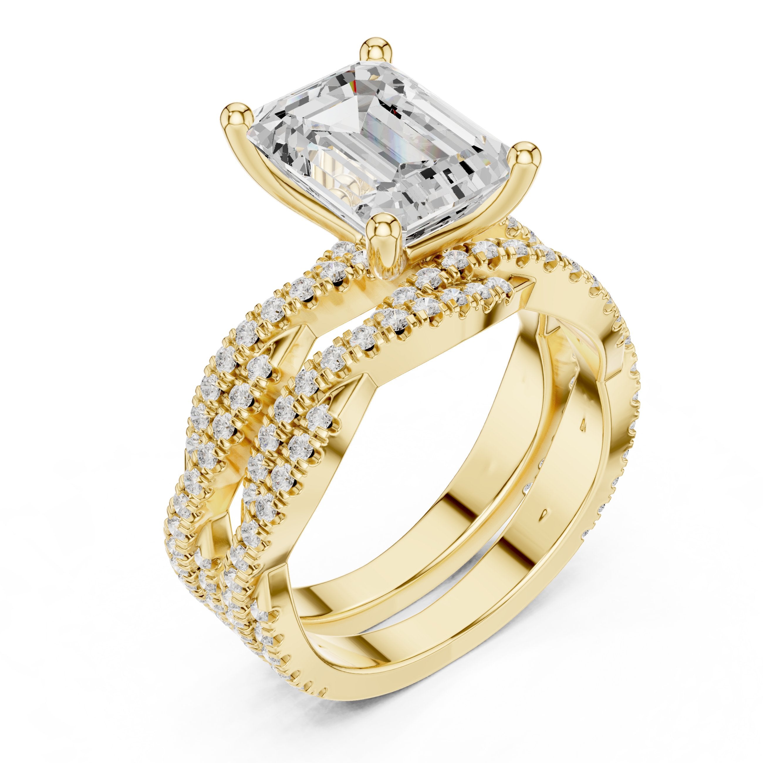 Emerald Cut Engagement Ring with Triple Row Pavé Band in Yellow Gold - VYKA Diamonds