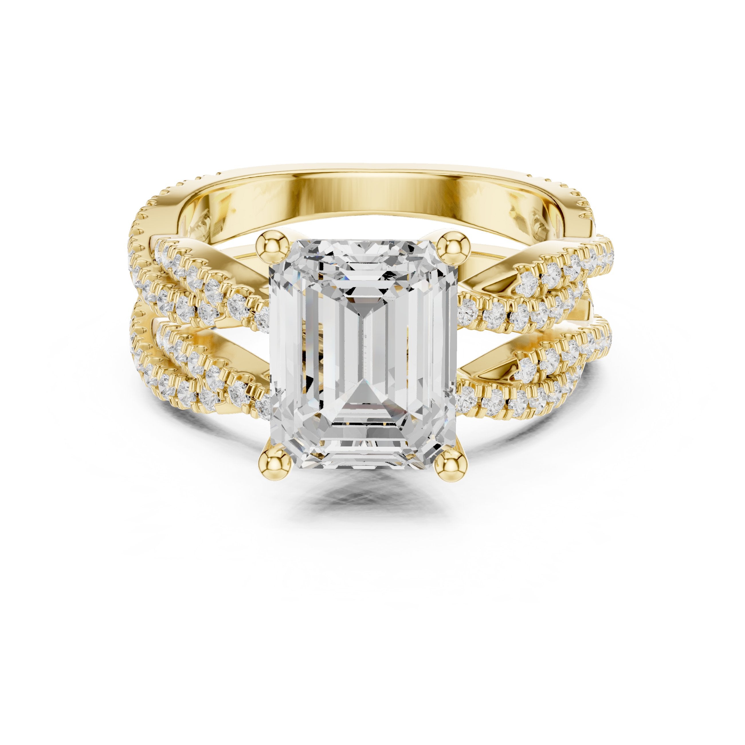 Emerald Cut Engagement Ring with Triple Row Pavé Band in Yellow Gold - VYKA Diamonds