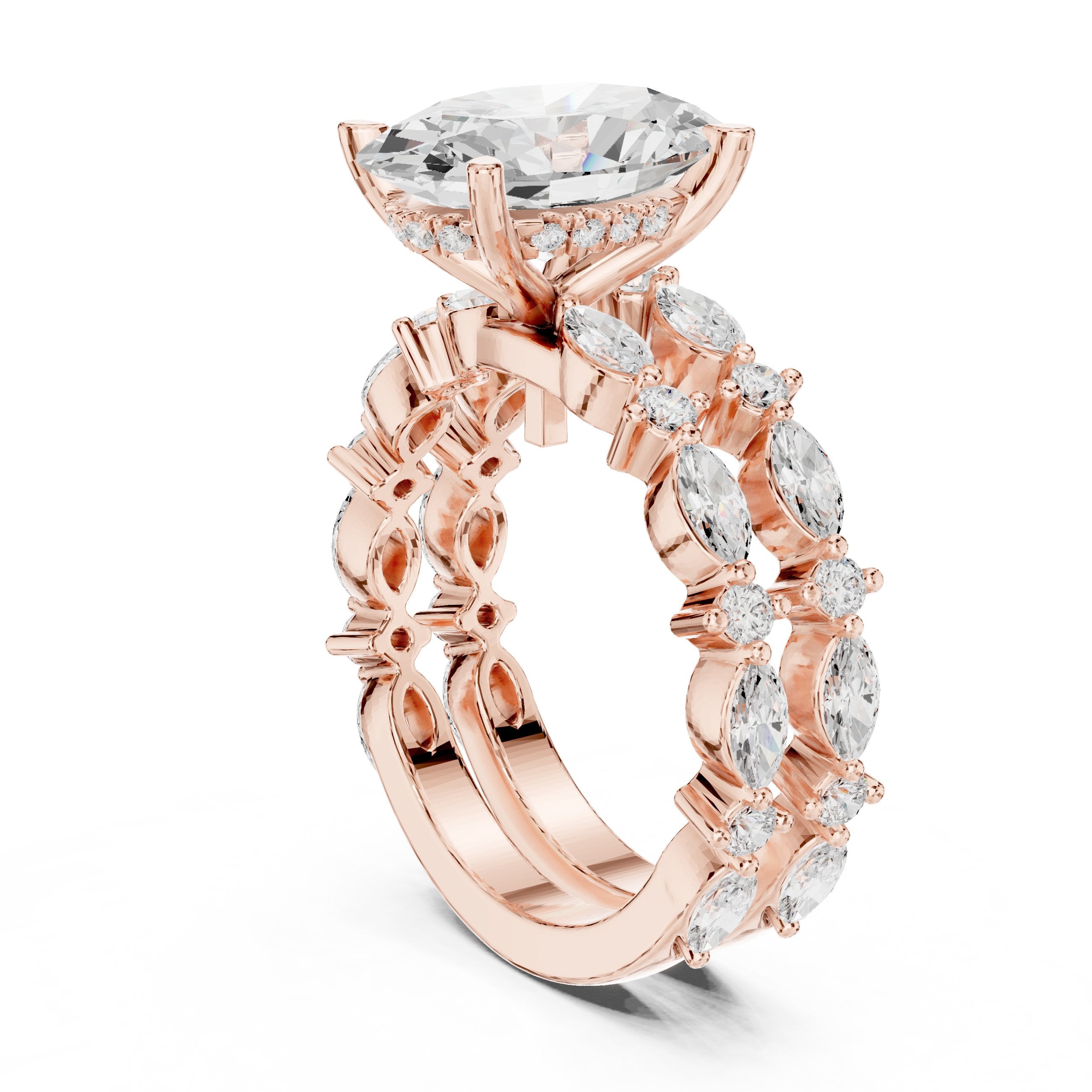 Oval Diamond Engagement Ring with Marquise and Round Vine Cluster Double Band in Rose Gold - VYKA Diamonds
