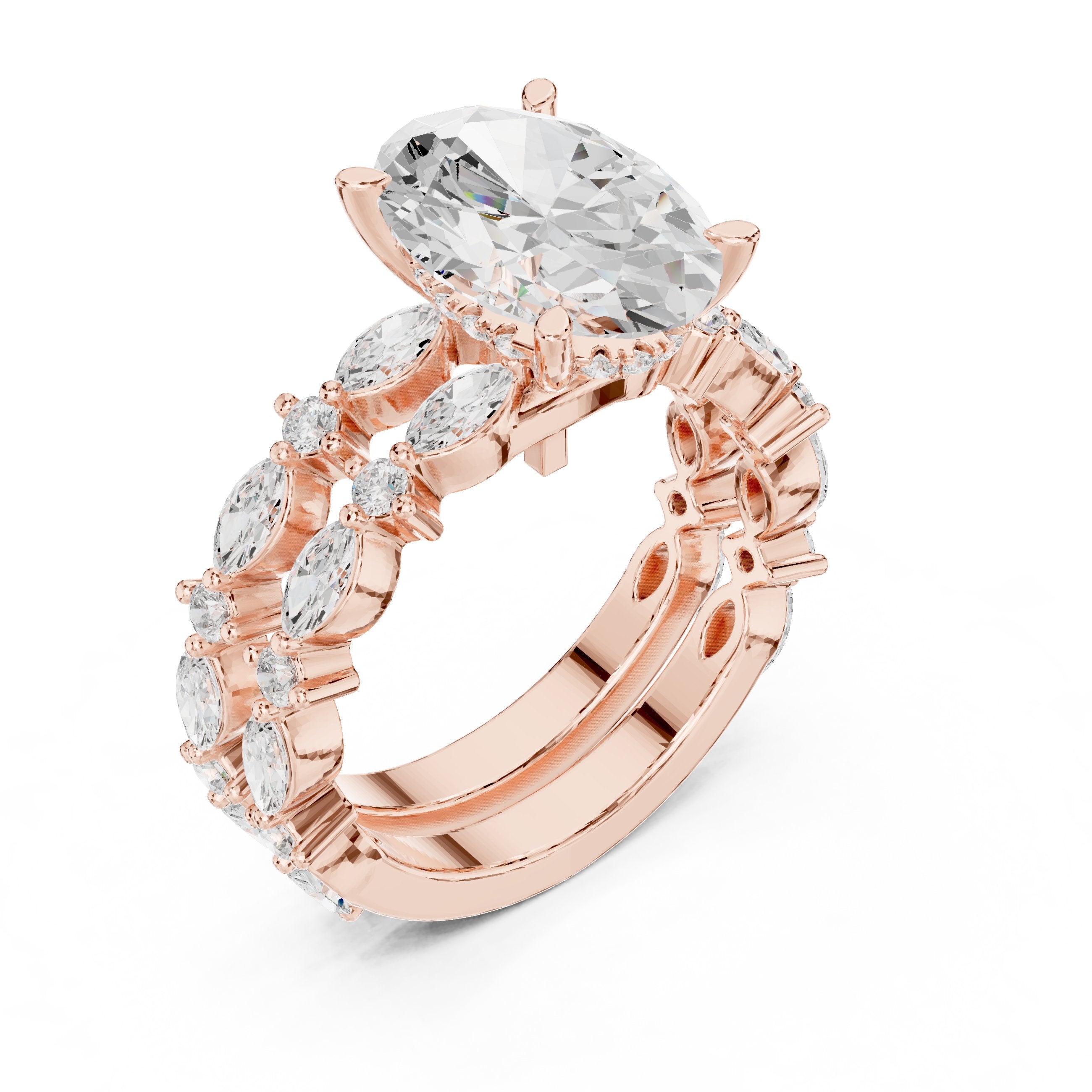 Oval Diamond Engagement Ring with Marquise and Round Vine Cluster Double Band in Rose Gold - VYKA Diamonds