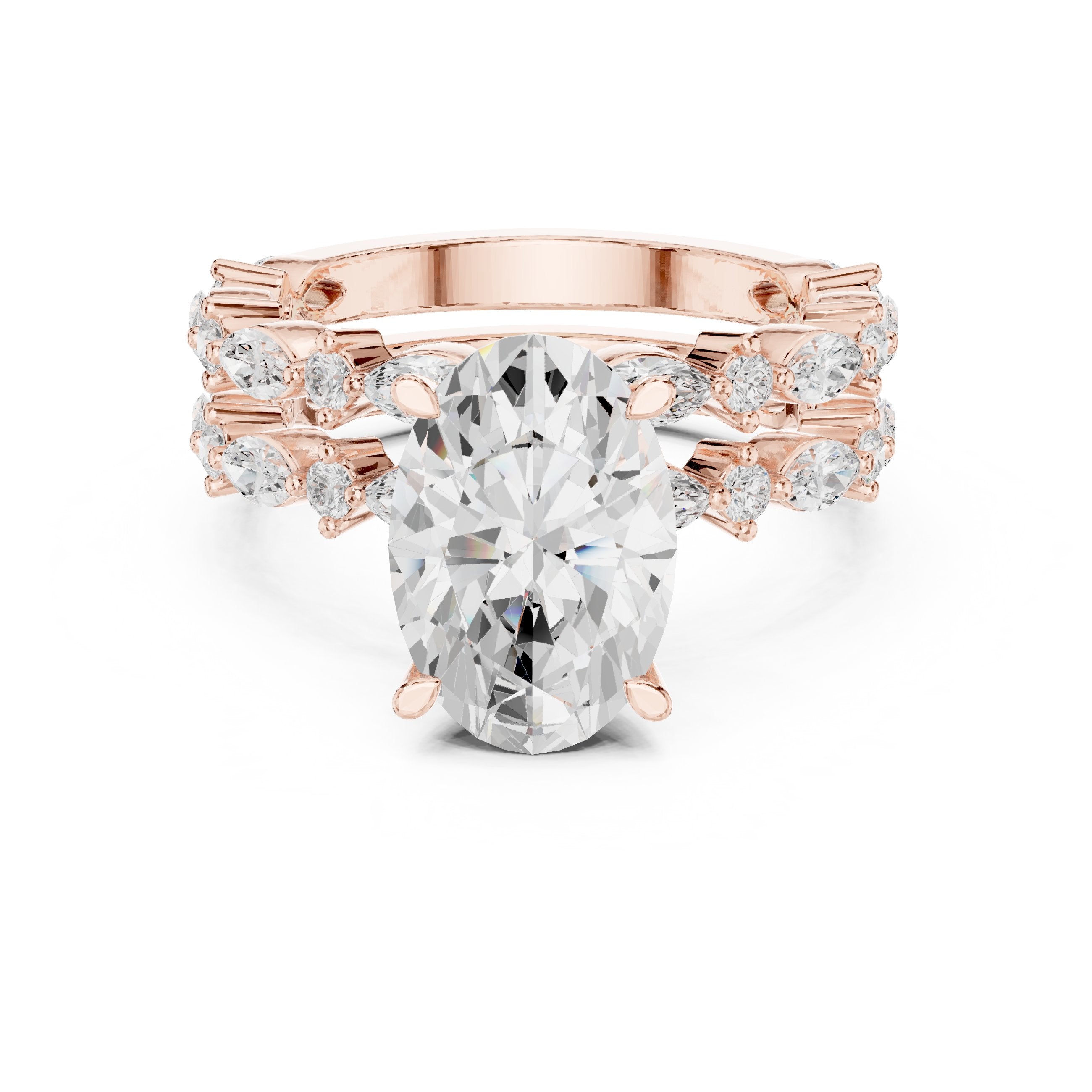 Oval Diamond Engagement Ring with Marquise and Round Vine Cluster Double Band in Rose Gold - VYKA Diamonds