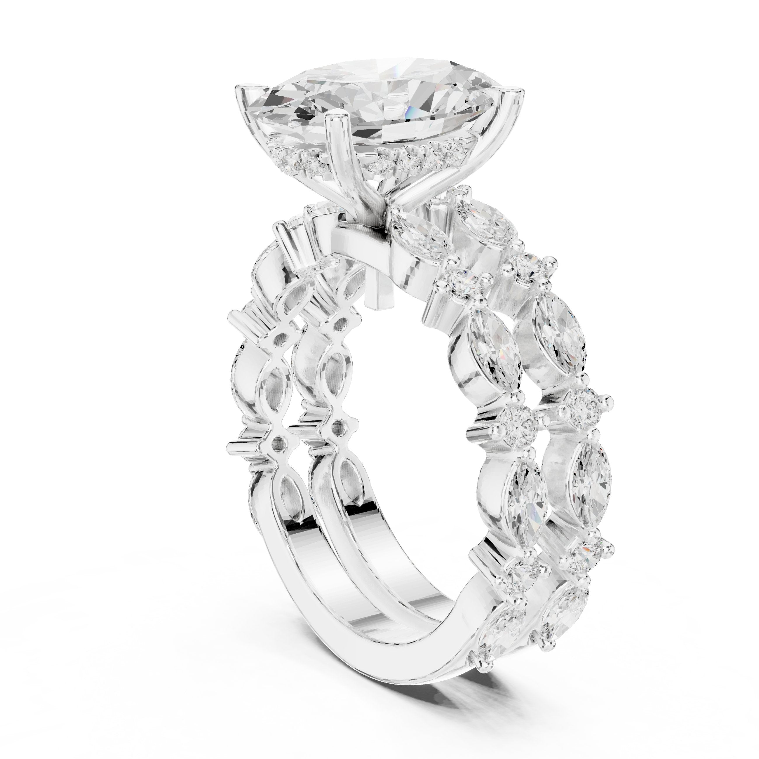 Oval Diamond Engagement Ring with Marquise and Round Vine Cluster Double Band in White Gold - VYKA Diamonds