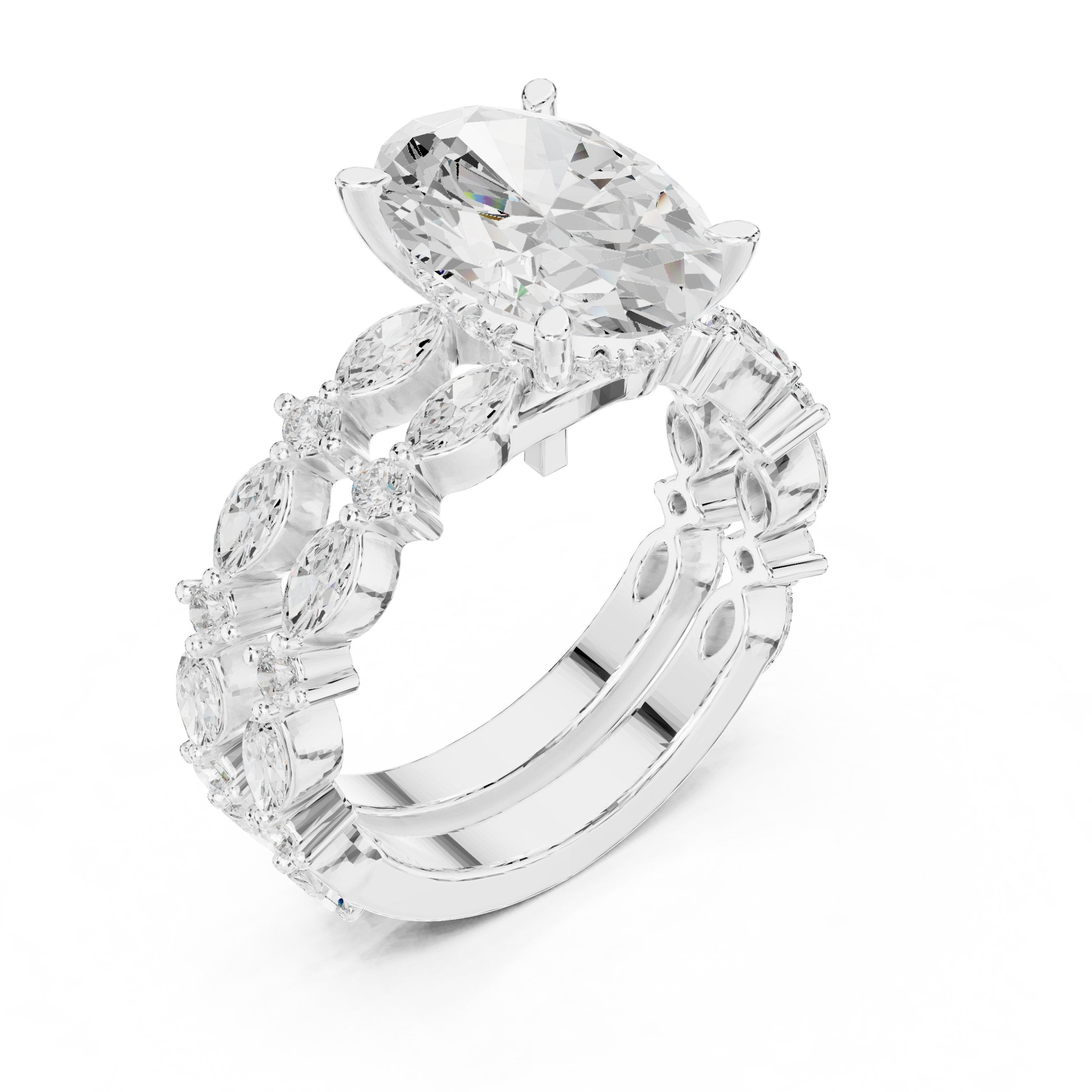 Oval Diamond Engagement Ring with Marquise and Round Vine Cluster Double Band in White Gold - VYKA Diamonds