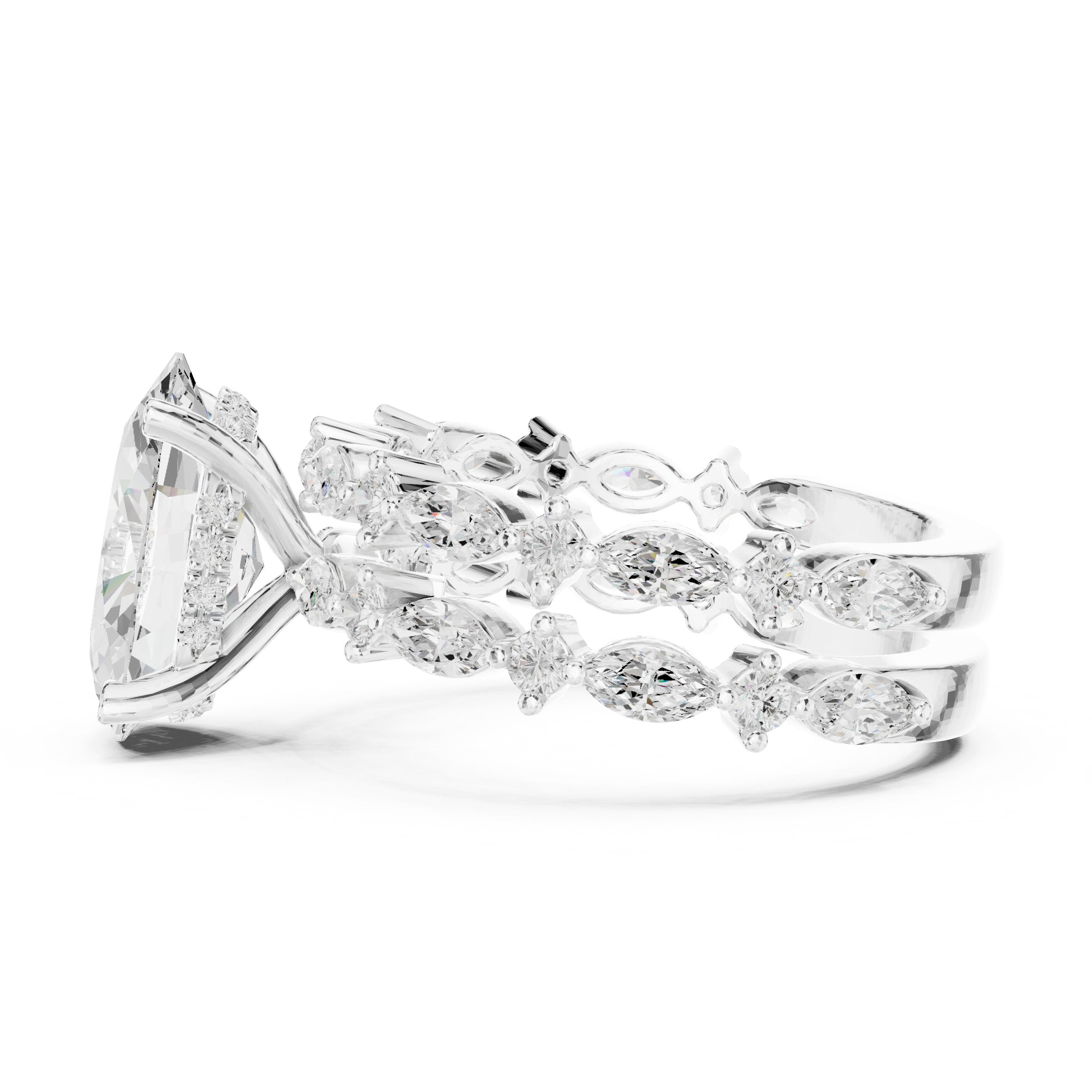 Oval Diamond Engagement Ring with Marquise and Round Vine Cluster Double Band in White Gold - VYKA Diamonds