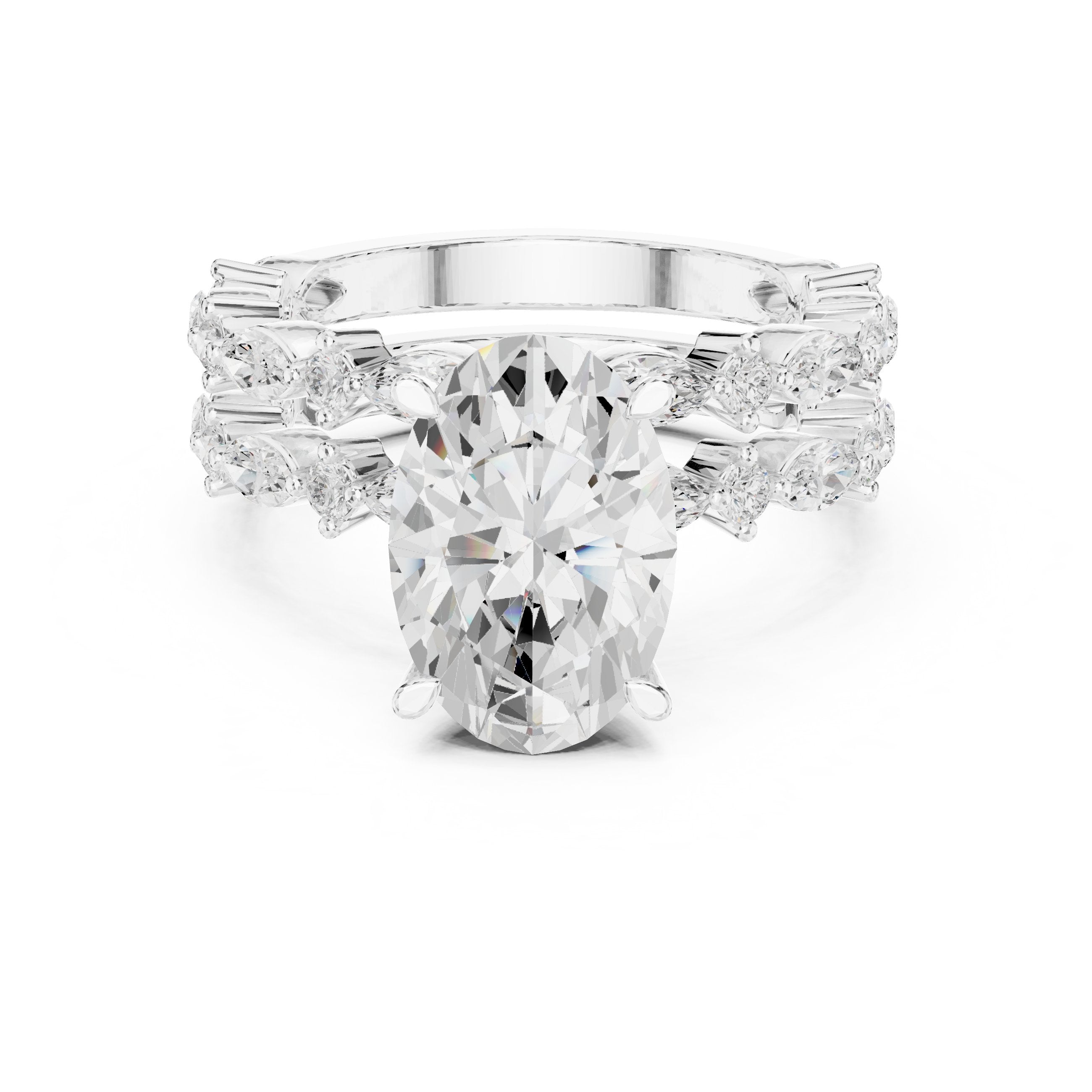 Oval Diamond Engagement Ring with Marquise and Round Vine Cluster Double Band in White Gold - VYKA Diamonds