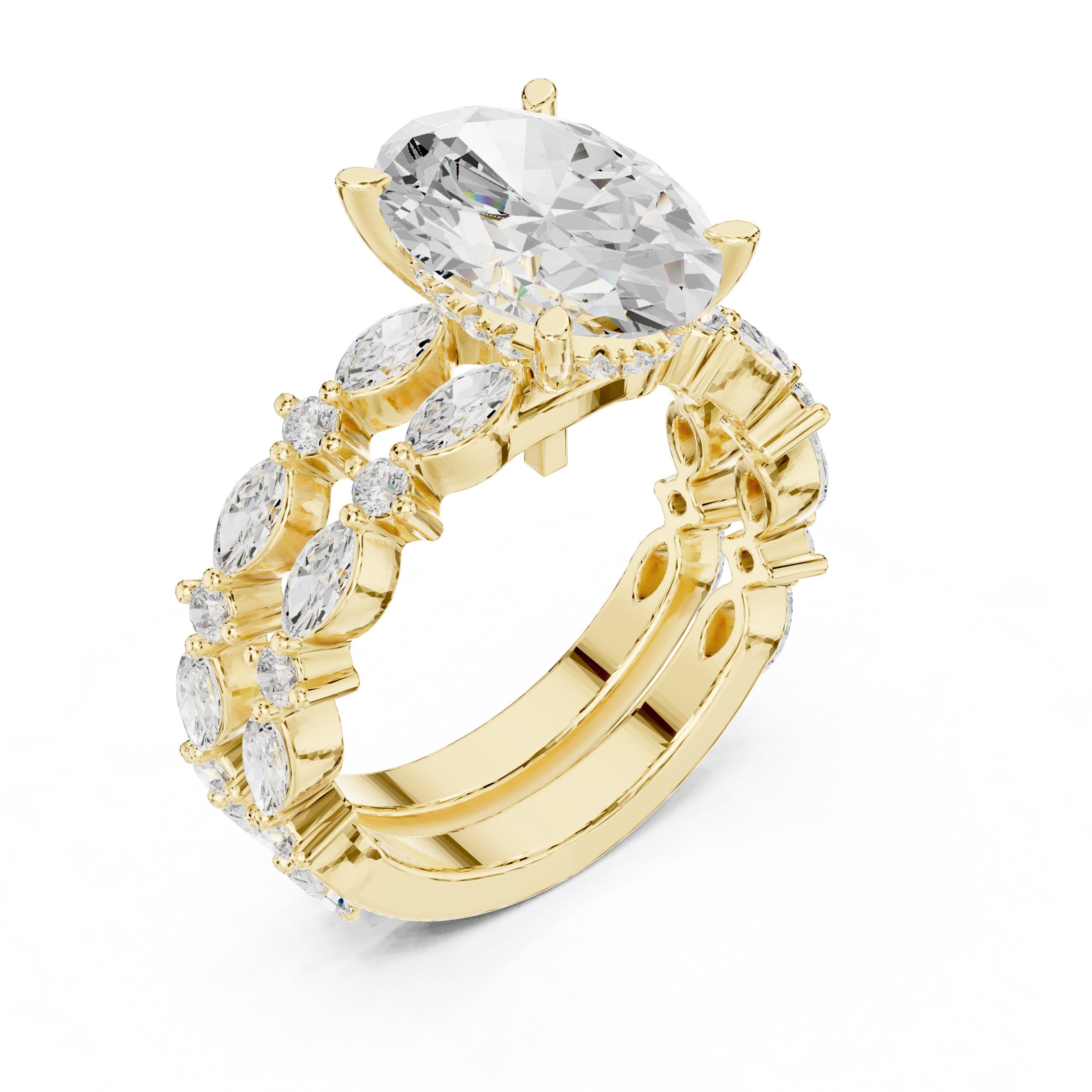 Oval Diamond Engagement Ring with Marquise and Round Vine Cluster Double Band in Yellow Gold - VYKA Diamonds