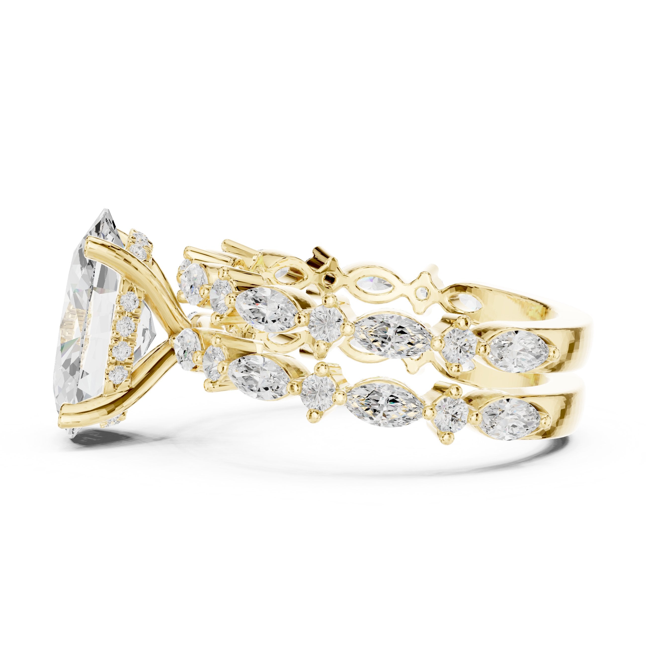 Oval Diamond Engagement Ring with Marquise and Round Vine Cluster Double Band in Yellow Gold - VYKA Diamonds