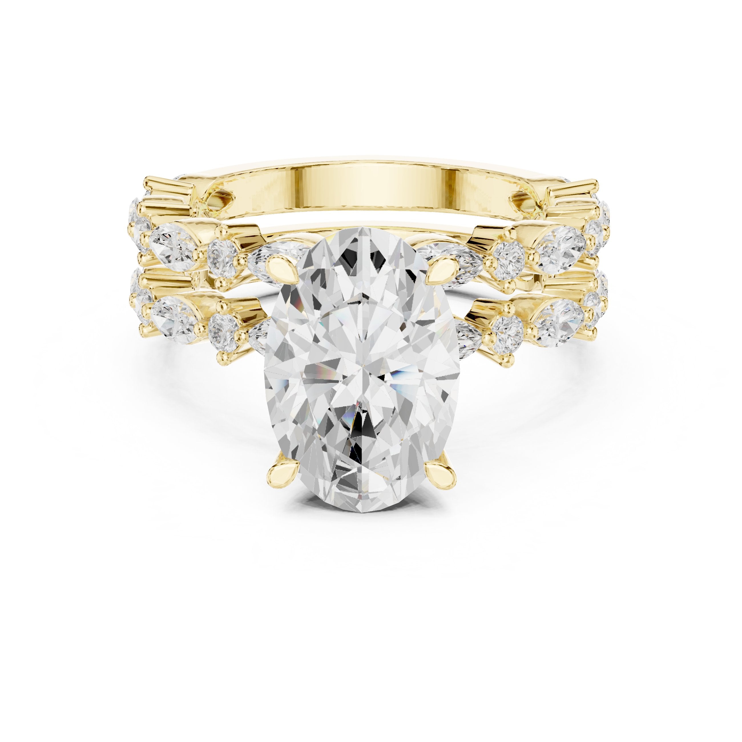 Oval Diamond Engagement Ring with Marquise and Round Vine Cluster Double Band in Yellow Gold - VYKA Diamonds