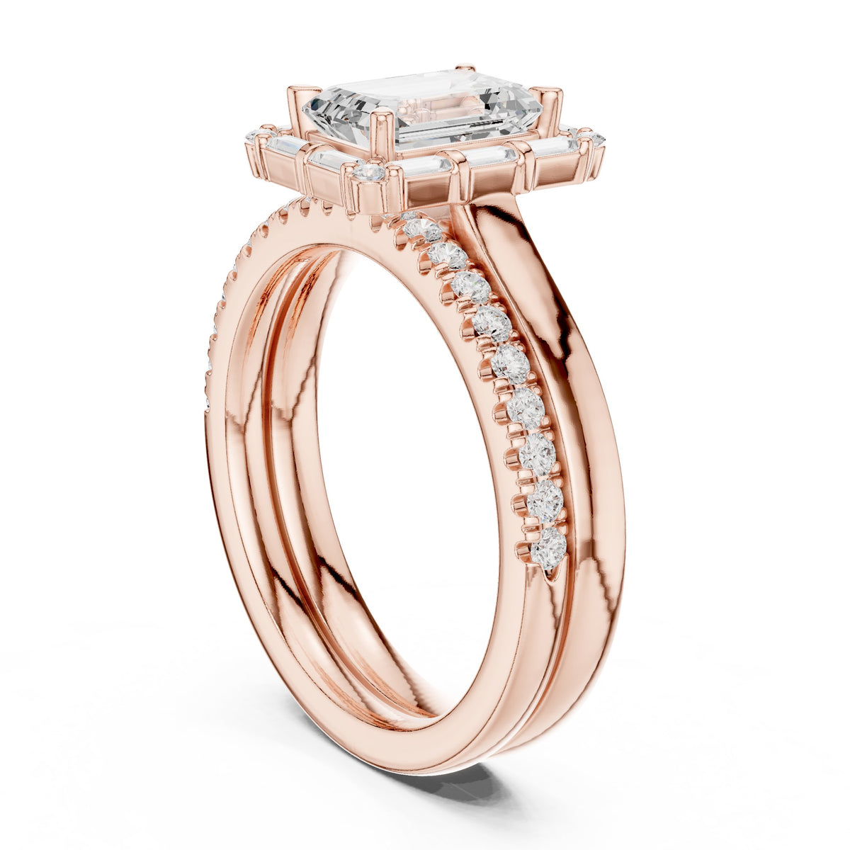 Emerald Cut Engagement Ring with Tapered Baguette Halo and Stacked Pavé Band