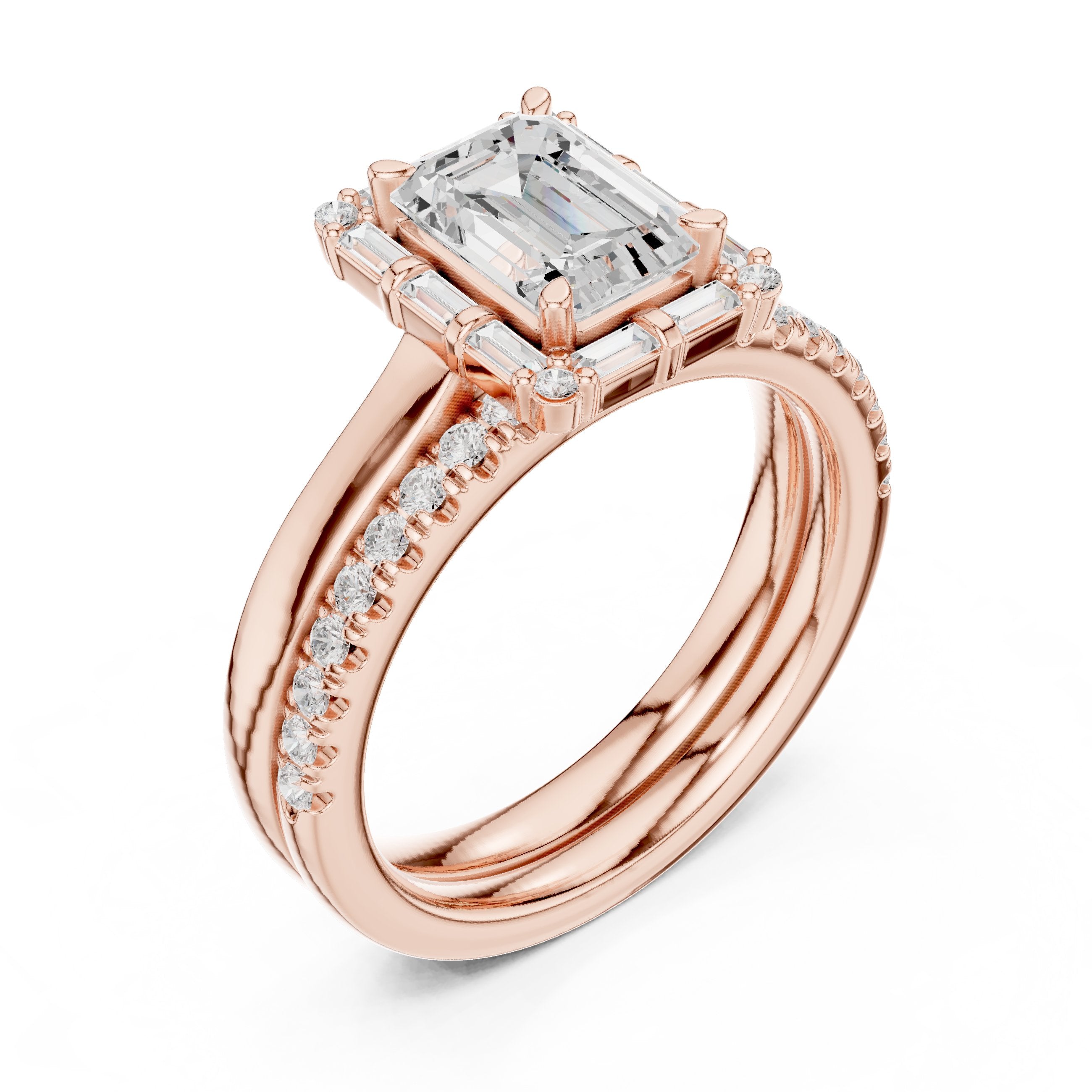 Emerald Cut Engagement Ring with Tapered Baguette Halo and Stacked Pavé Band in Rose Gold - VYKA Diamonds