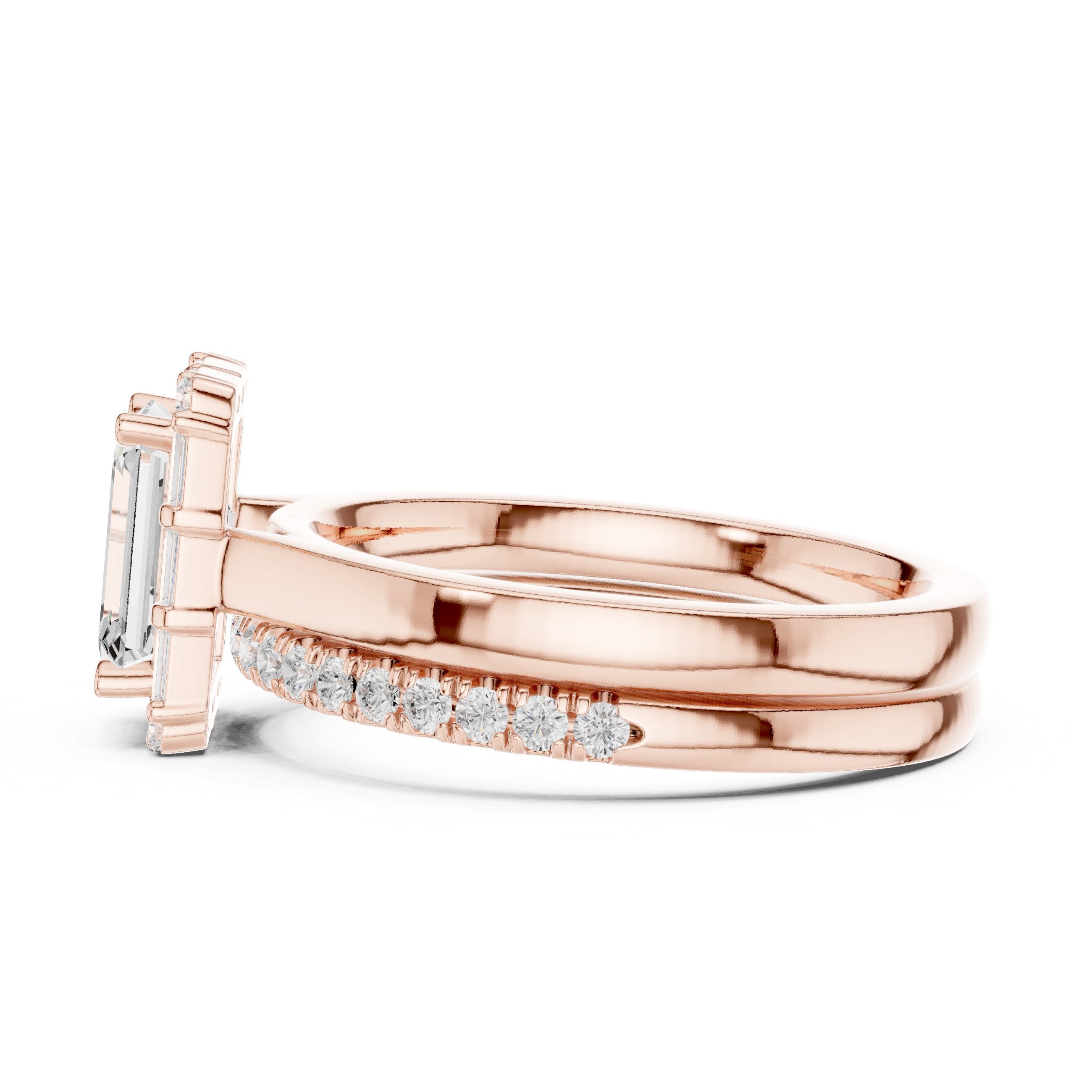 Emerald Cut Engagement Ring with Tapered Baguette Halo and Stacked Pavé Band in Rose Gold - VYKA Diamonds