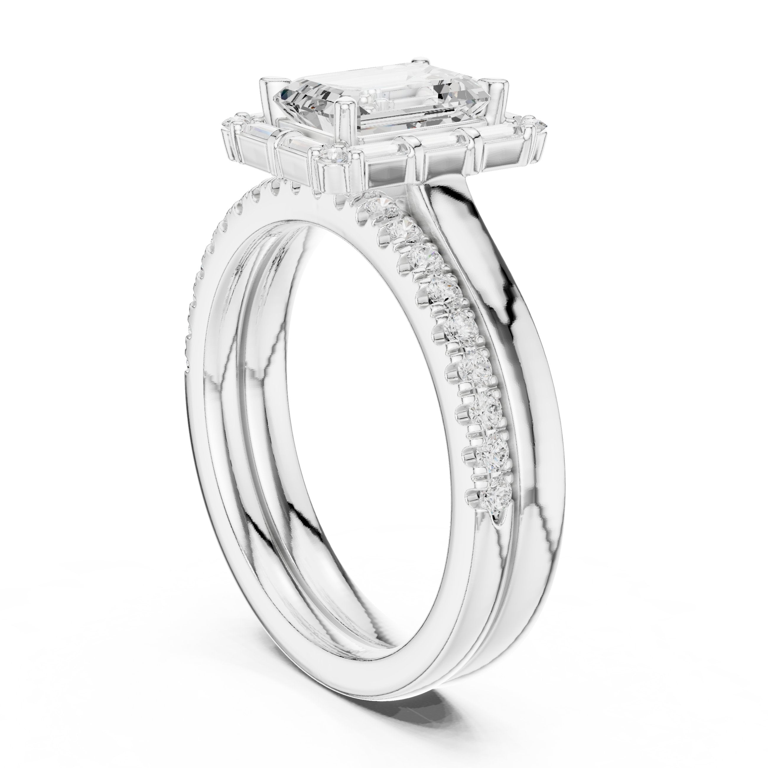 Emerald Cut Engagement Ring with Tapered Baguette Halo and Stacked Pavé Band in White Gold - VYKA Diamonds