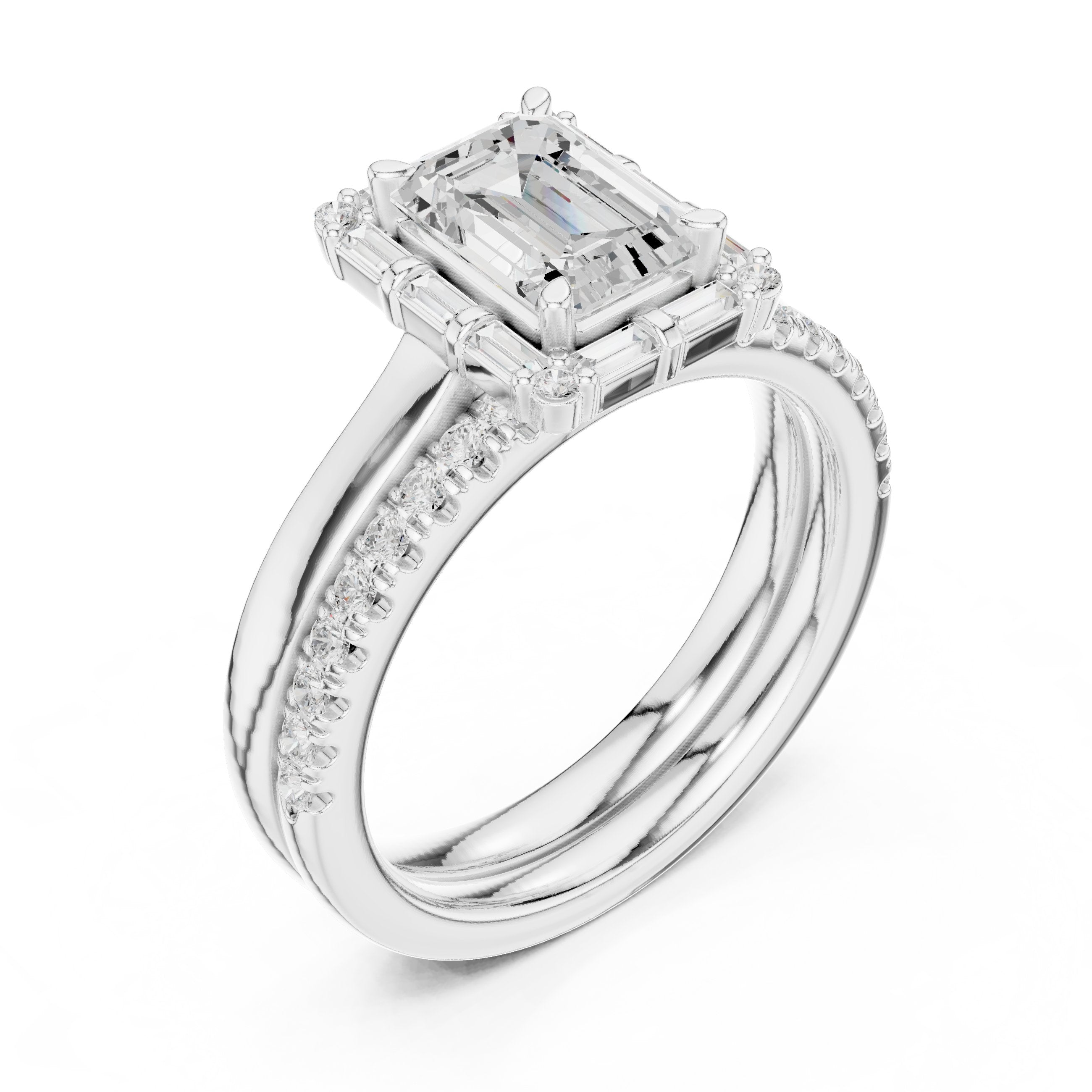 Emerald Cut Engagement Ring with Tapered Baguette Halo and Stacked Pavé Band in White Gold - VYKA Diamonds