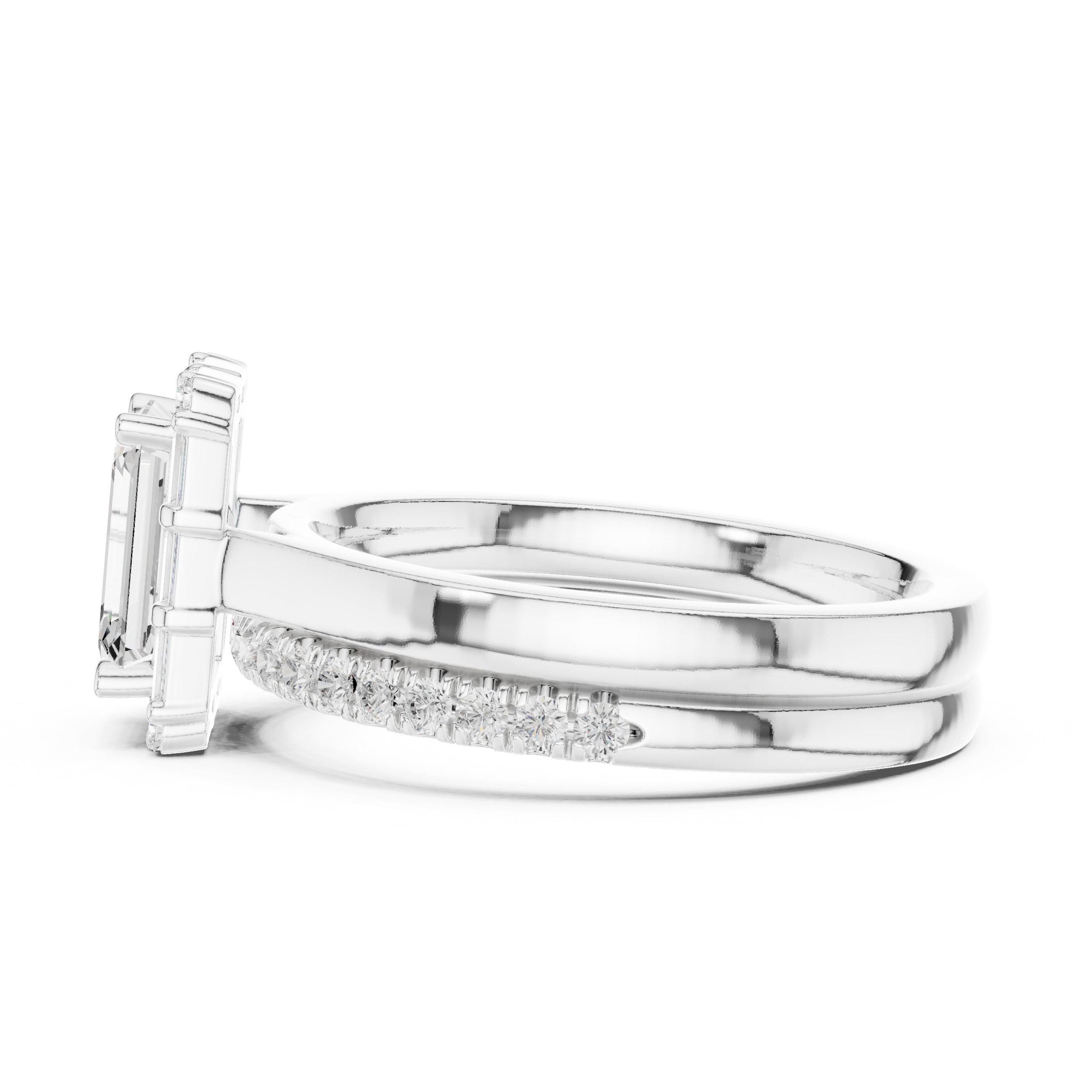Emerald Cut Engagement Ring with Tapered Baguette Halo and Stacked Pavé Band in White Gold - VYKA Diamonds