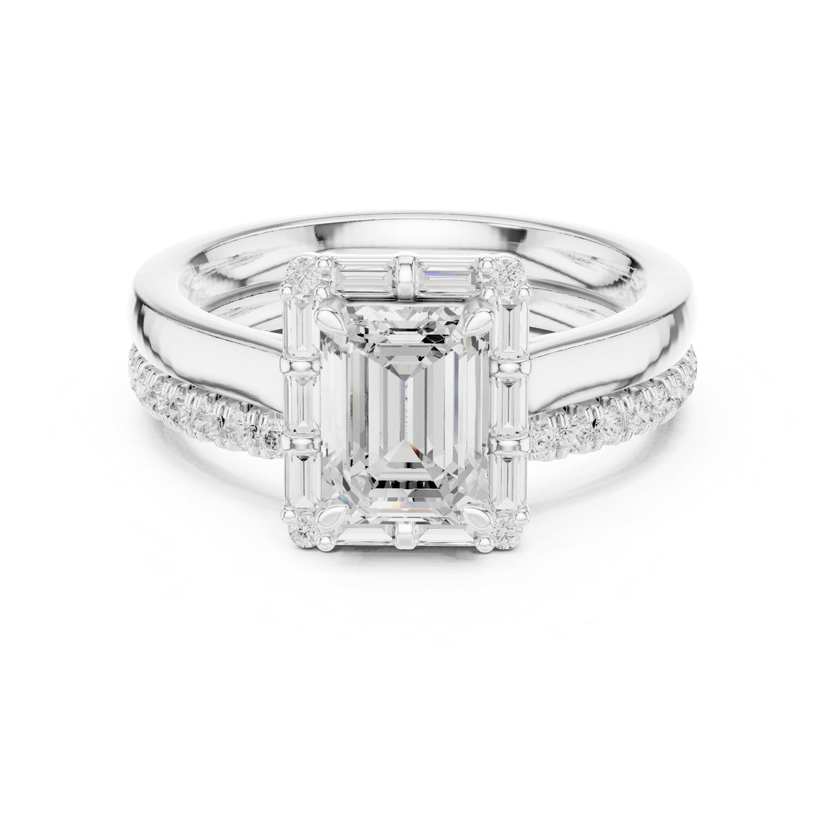 Emerald Cut Engagement Ring with Tapered Baguette Halo and Stacked Pavé Band