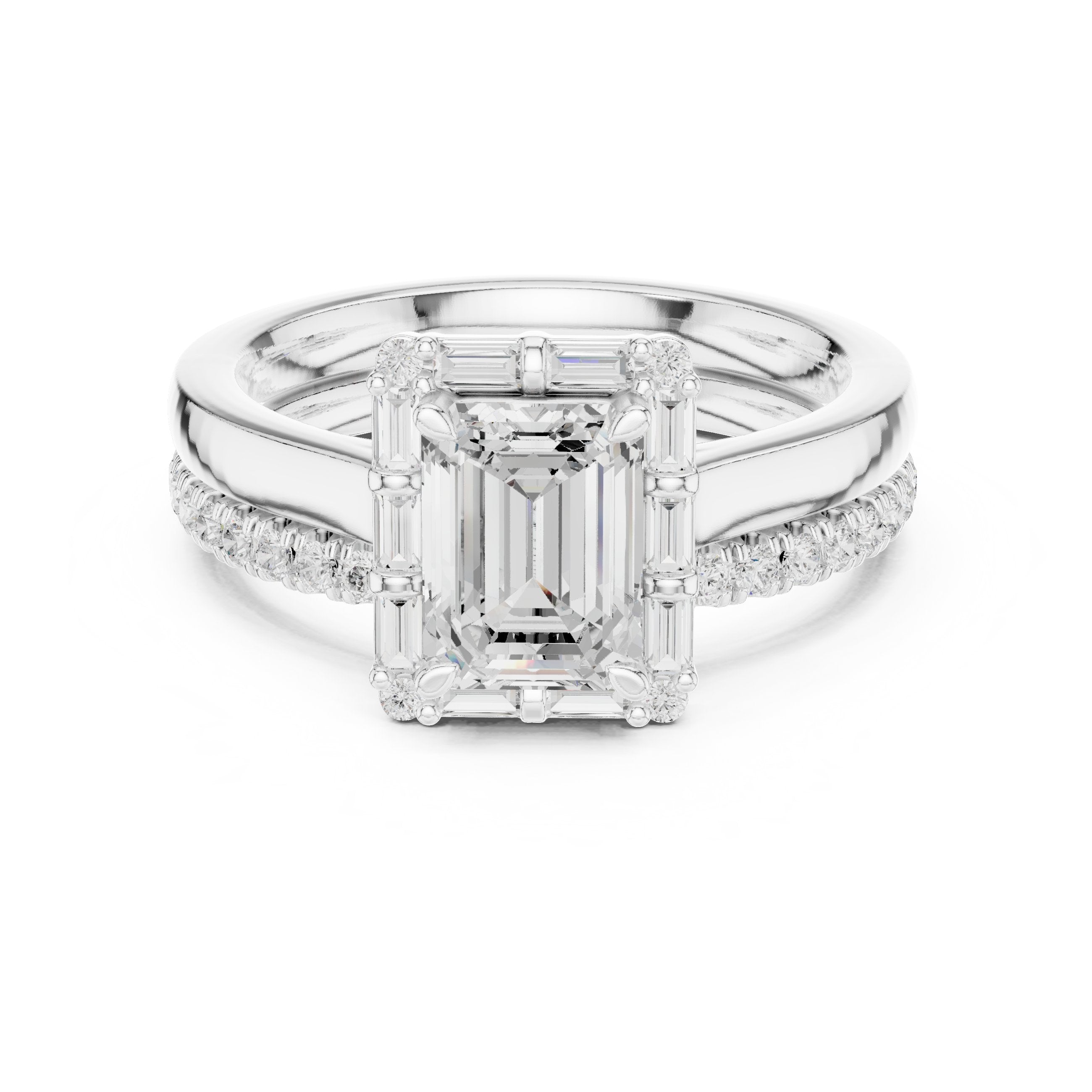 Emerald Cut Engagement Ring with Tapered Baguette Halo and Stacked Pavé Band in White Gold - VYKA Diamonds