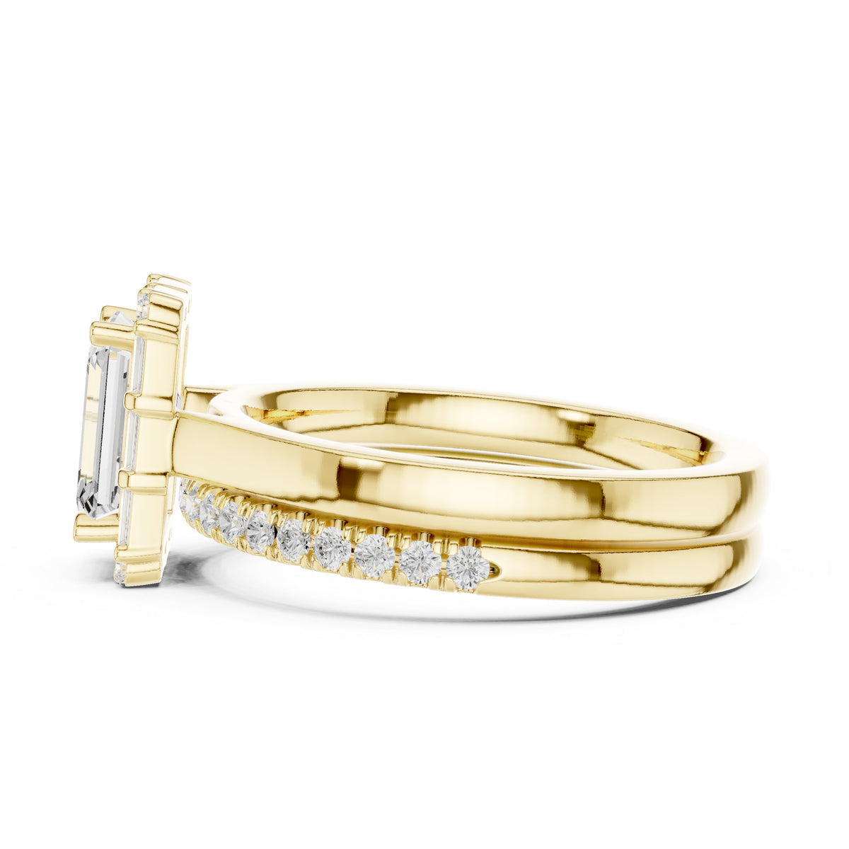 Emerald Cut Engagement Ring with Tapered Baguette Halo and Stacked Pavé Band